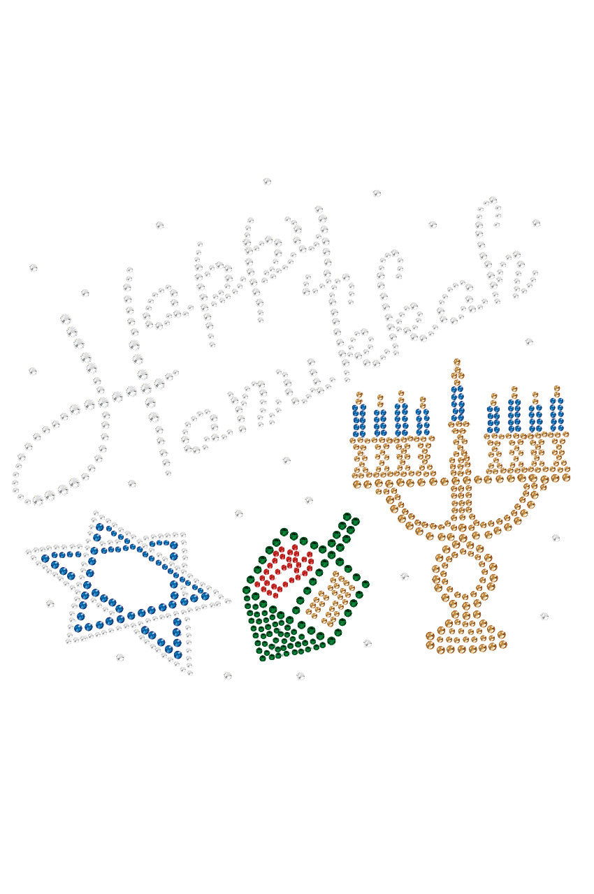 Happy Hanukkah - Dreidel, Menorah and Star of David - Womens Tee