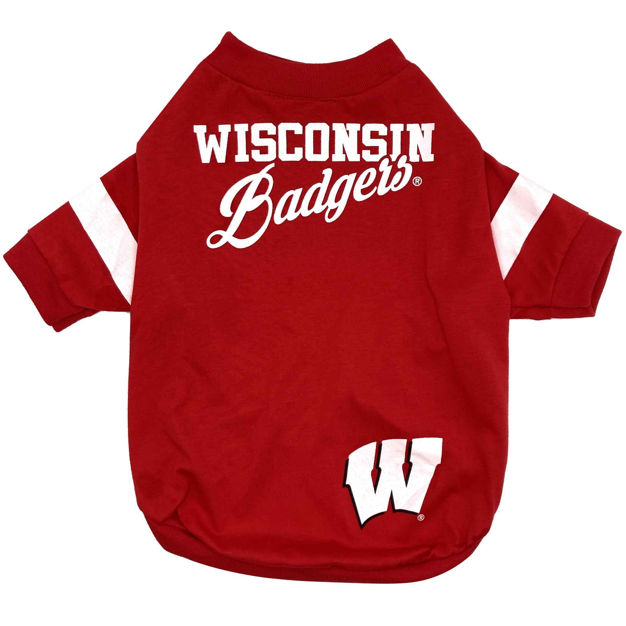 NCAA University of Wisconsin Badgers Striped-Sleeve Dog T-Shirt