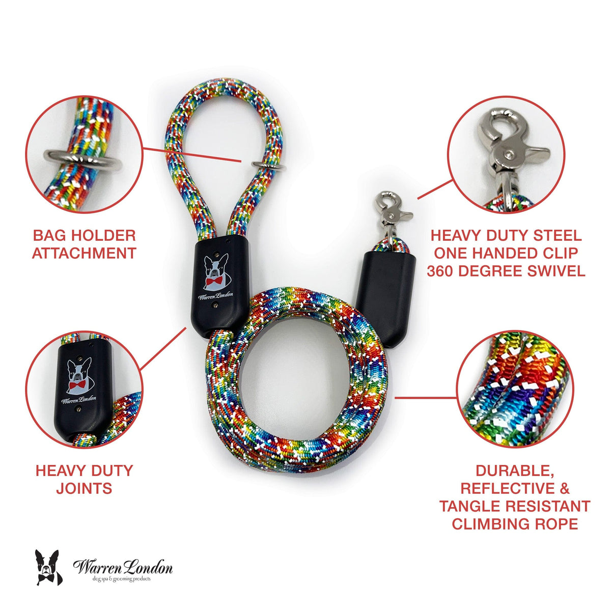 Rope Leash - Rainbow Reflective