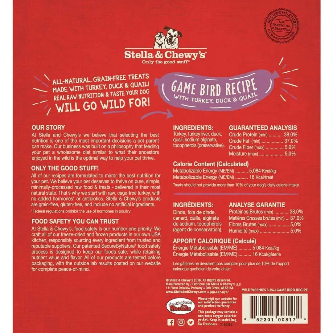 Stella & Chewys Freeze Dried Wild Weenies Game Bird Dog Treats (3.25oz) - HT Animal Supply