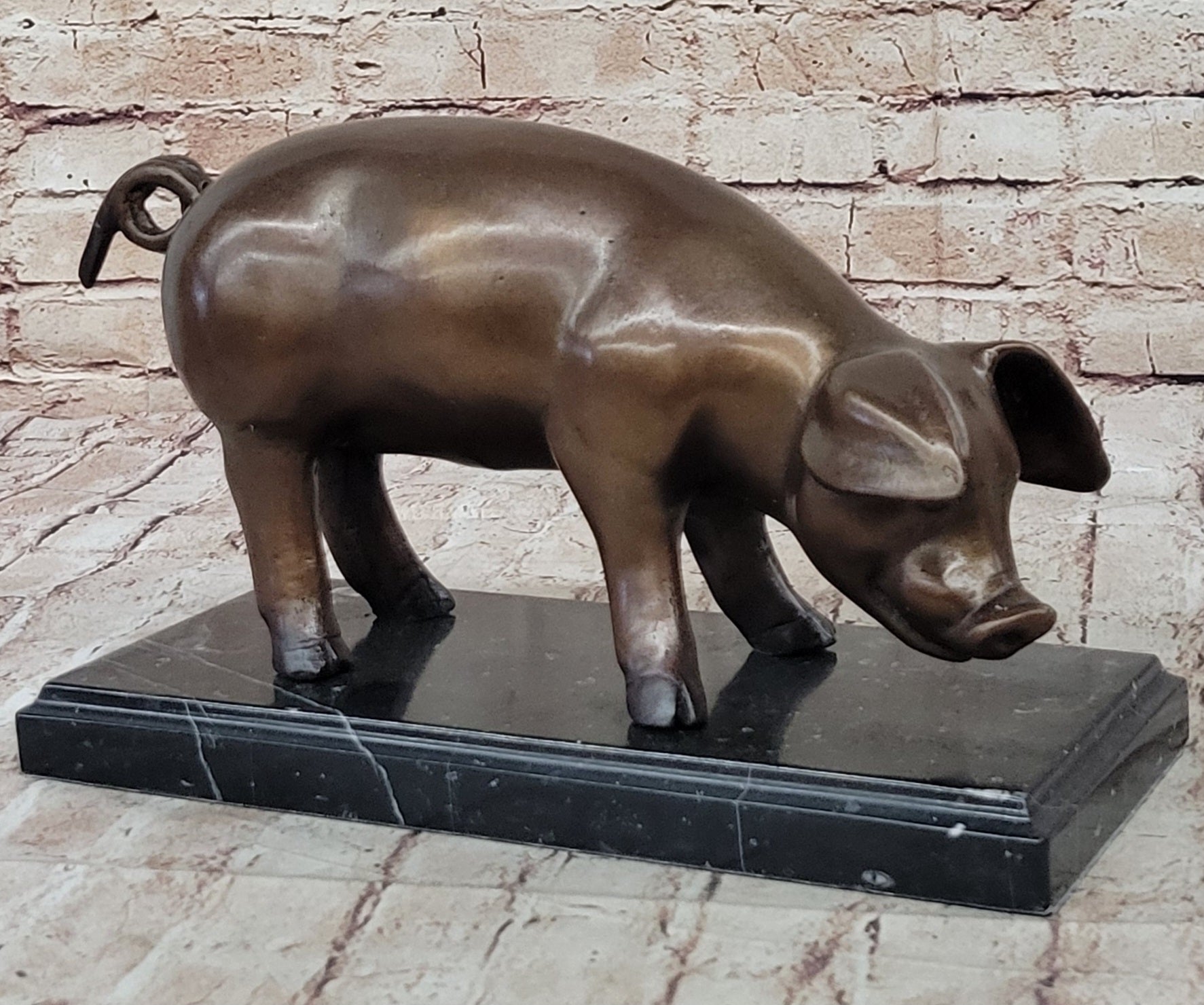 Bronze Metal Pig Sculpture Statue Figure on Marble Base Signed Art Decor Farm Animal