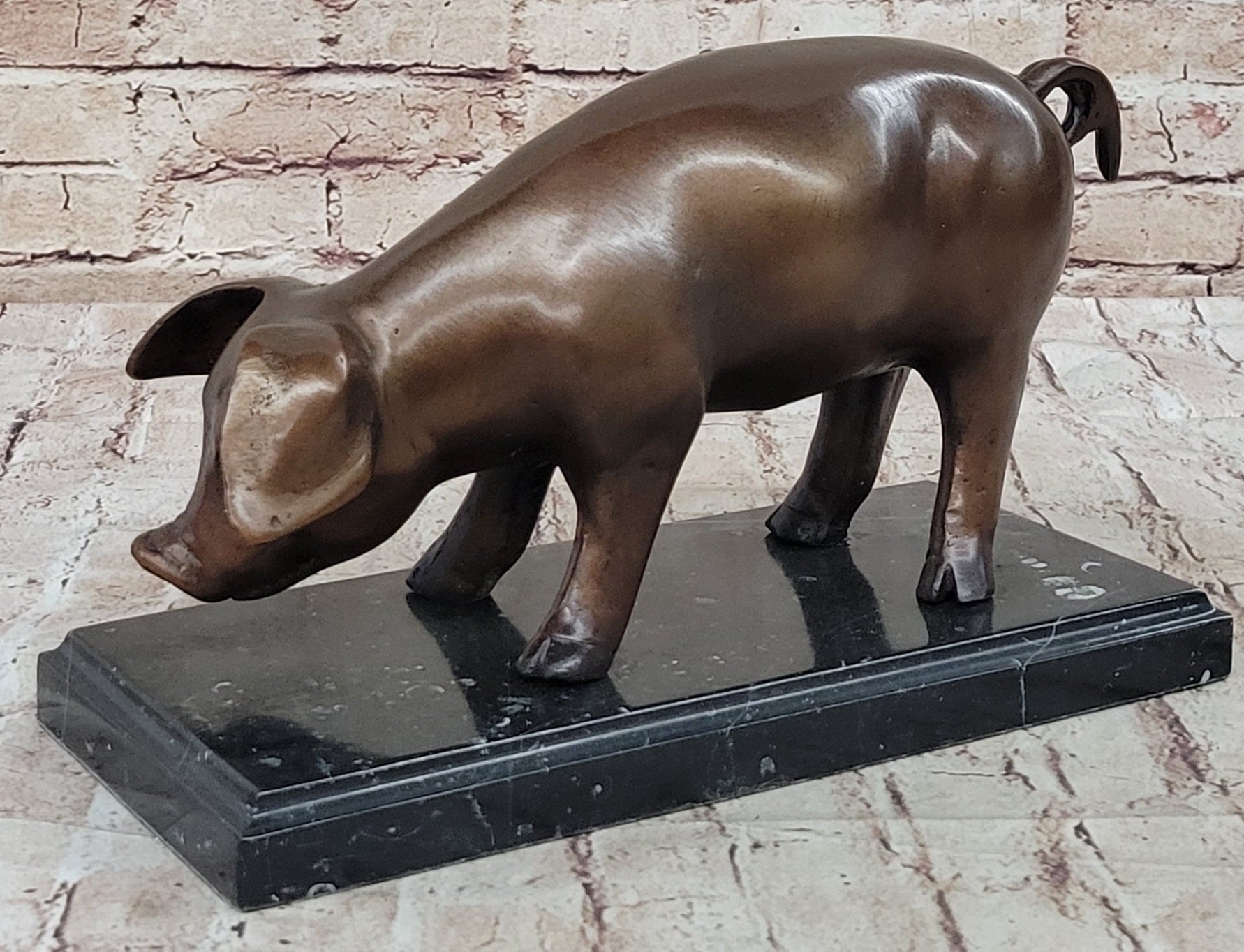 Bronze Metal Pig Sculpture Statue Figure on Marble Base Signed Art Decor Farm Animal