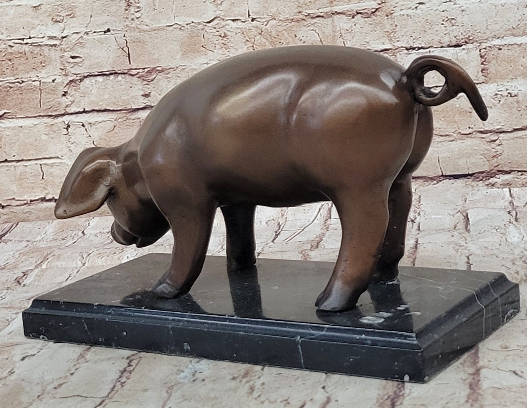 Bronze Metal Pig Sculpture Statue Figure on Marble Base Signed Art Decor Farm Animal