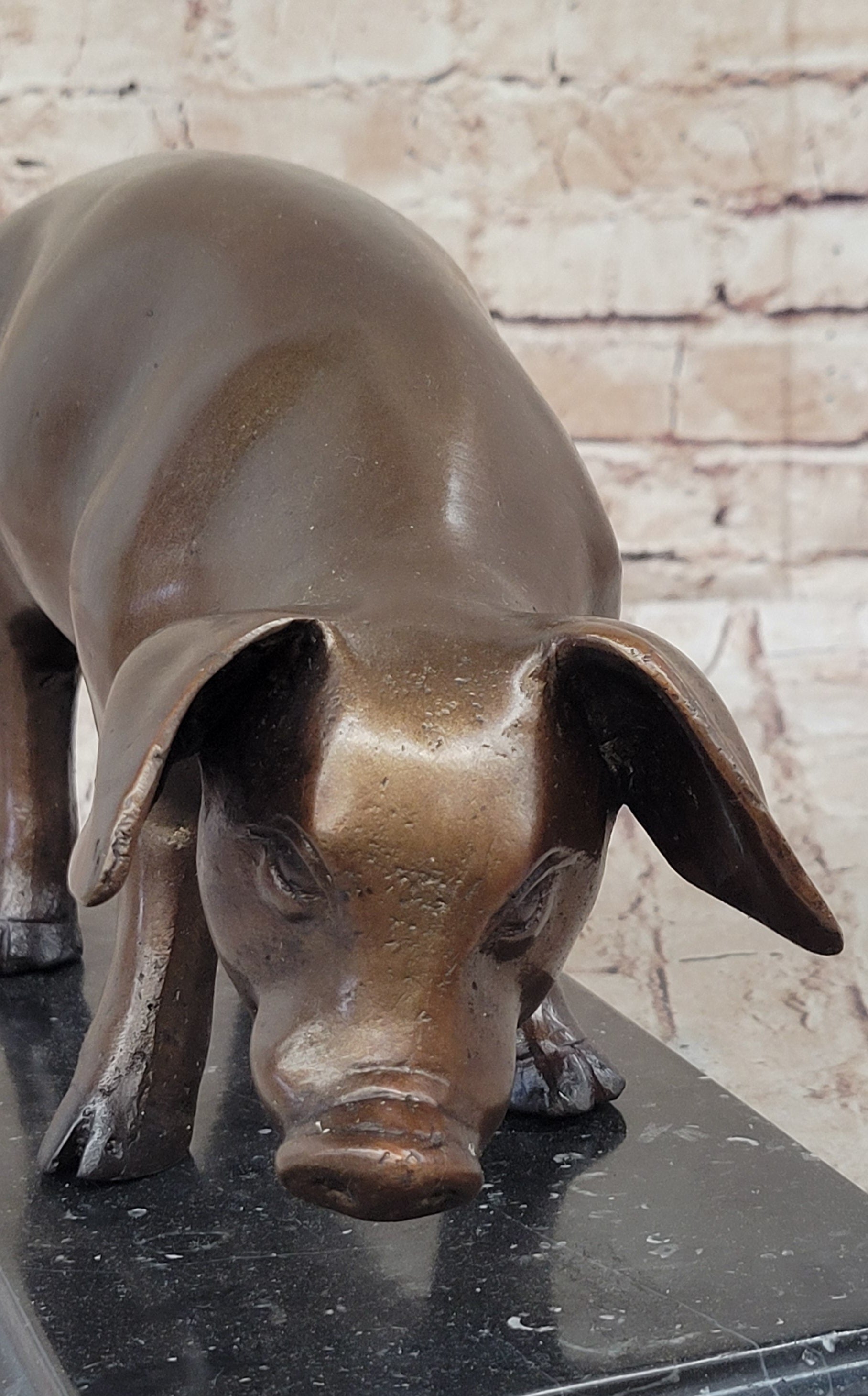 Bronze Metal Pig Sculpture Statue Figure on Marble Base Signed Art Decor Farm Animal