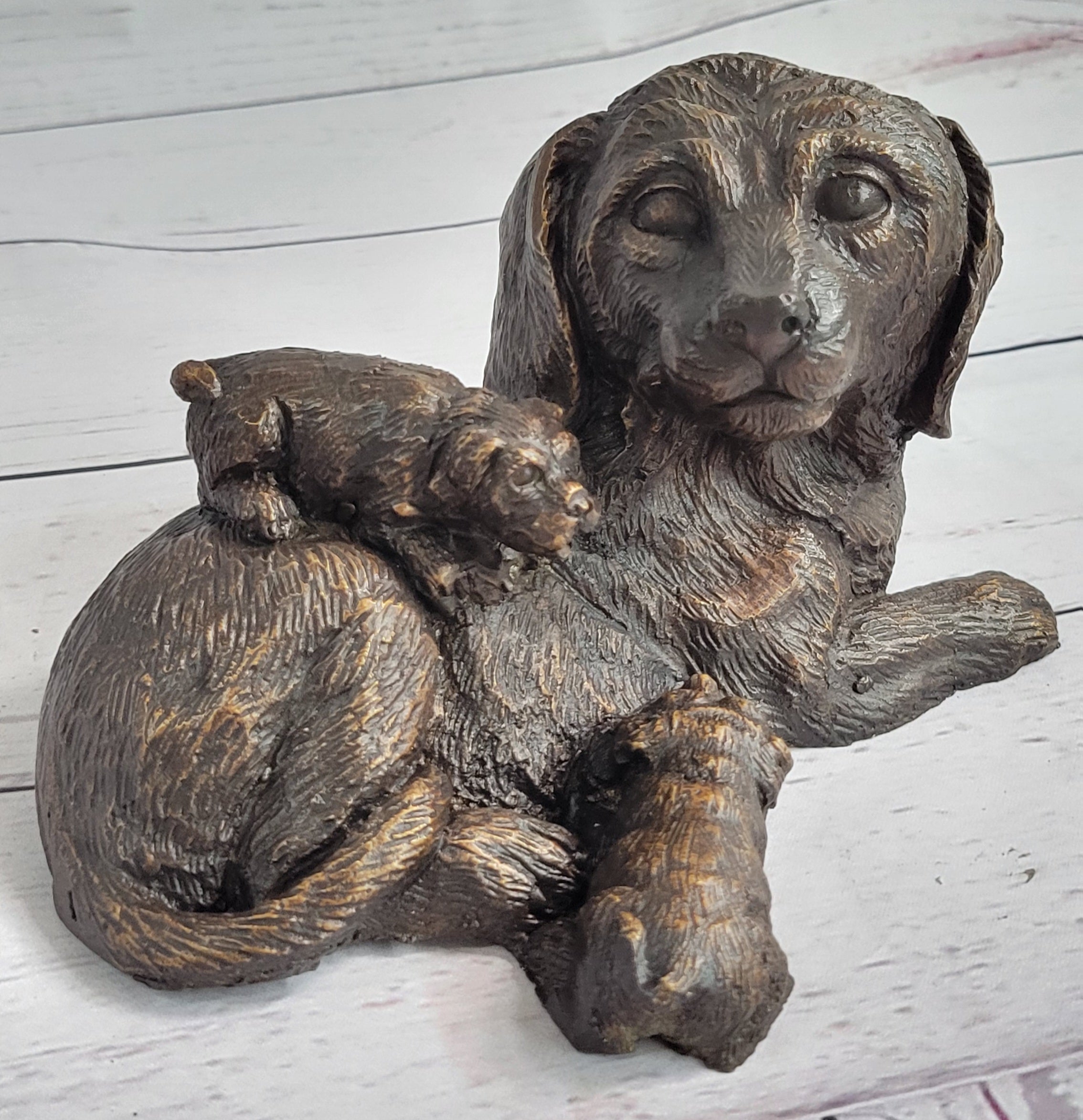 Labrador Retriever and Puppy Bronze Sculpture Dog Figure Figurine Decor 4" x 8"