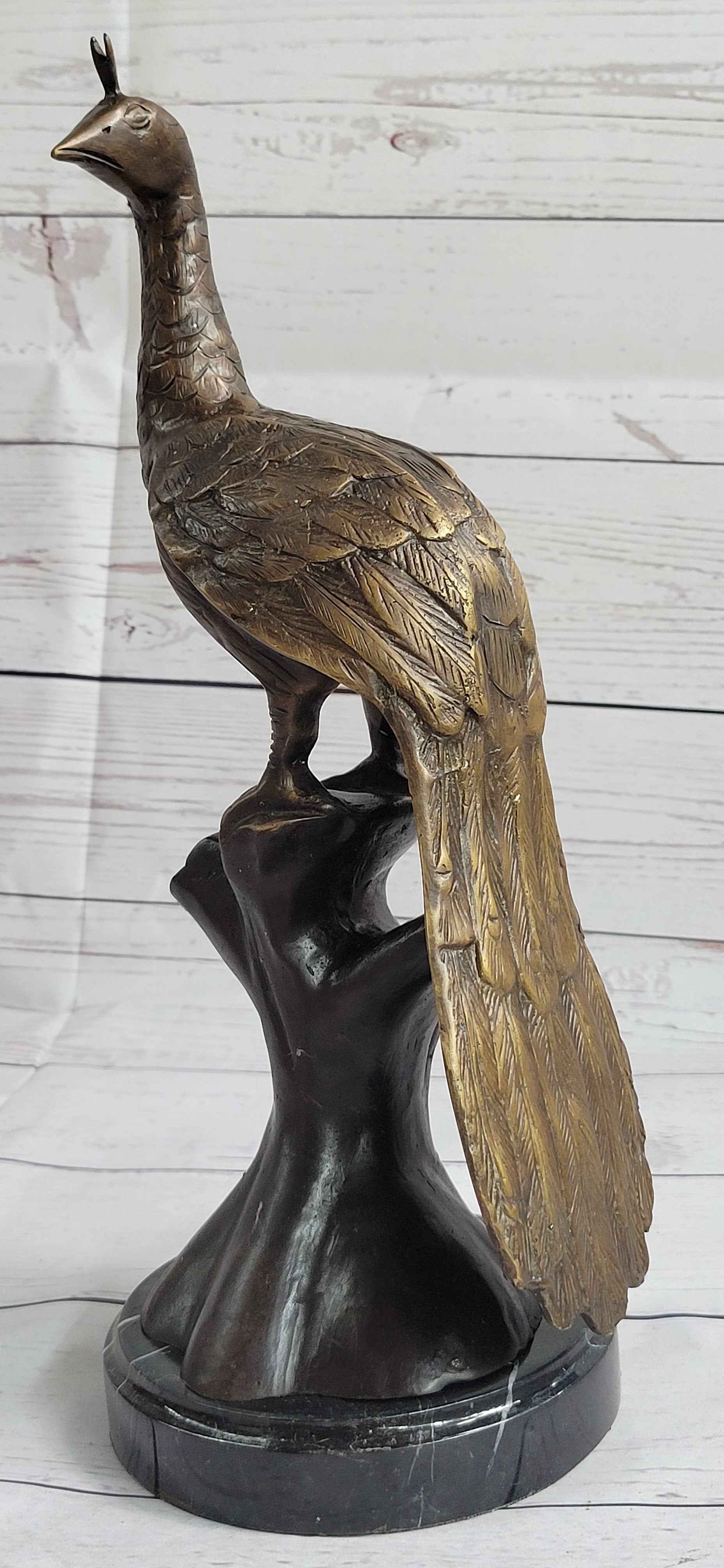 Signed Moigniez Peacock Bird Zoo Animal Wild Life Bronze Sculpture Art 14" x 8"
