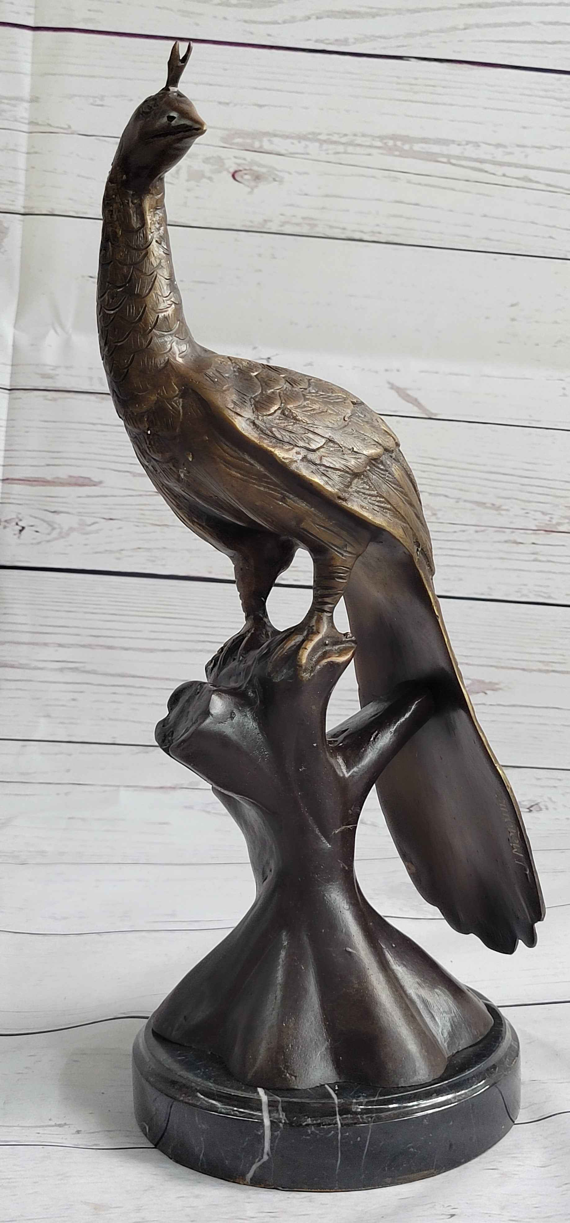 Signed Moigniez Peacock Bird Zoo Animal Wild Life Bronze Sculpture Art 14" x 8"