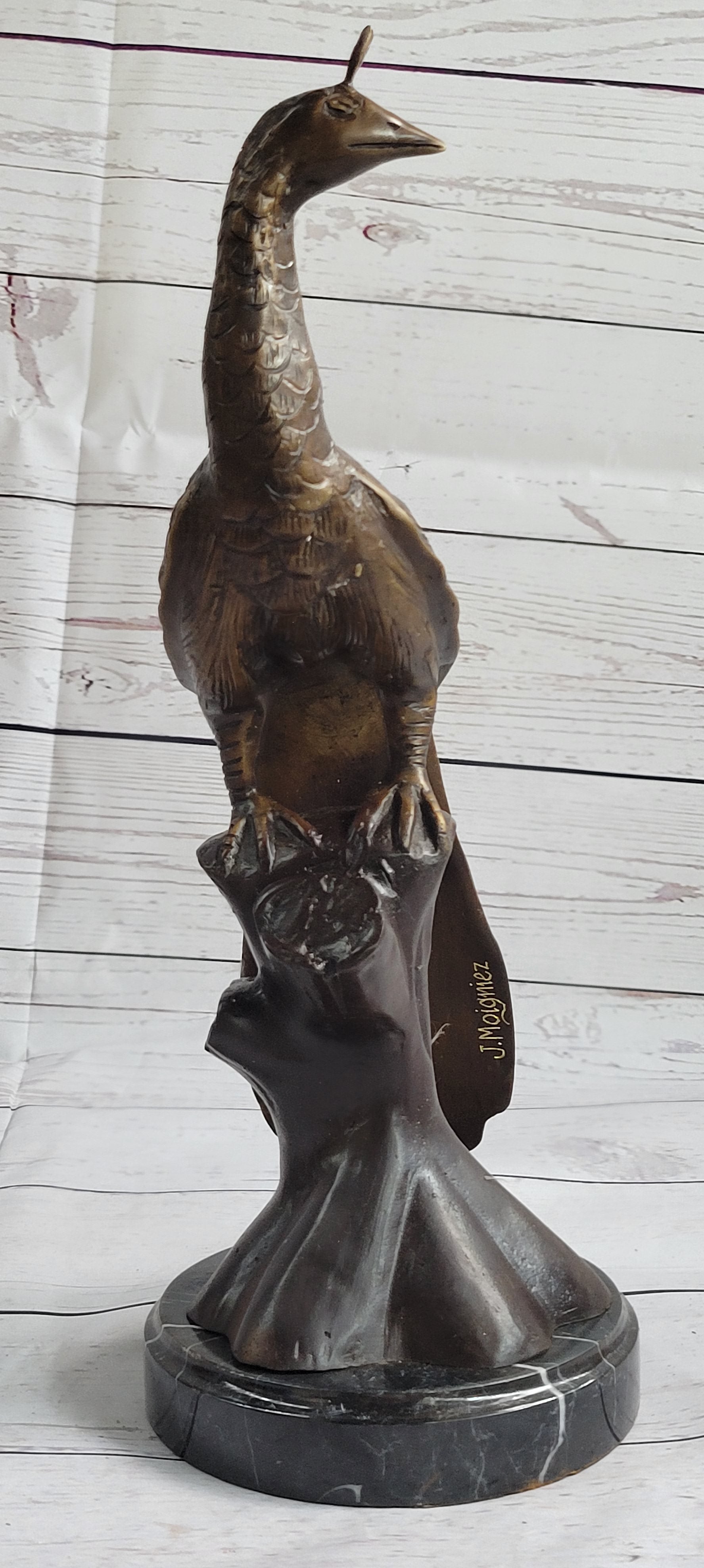 Signed Moigniez Peacock Bird Zoo Animal Wild Life Bronze Sculpture Art 14" x 8"
