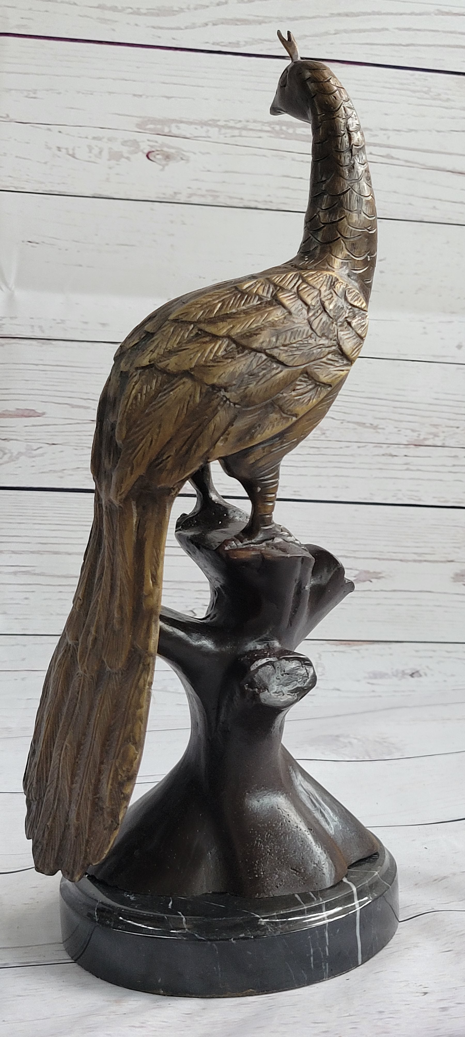 Signed Moigniez Peacock Bird Zoo Animal Wild Life Bronze Sculpture Art 14" x 8"