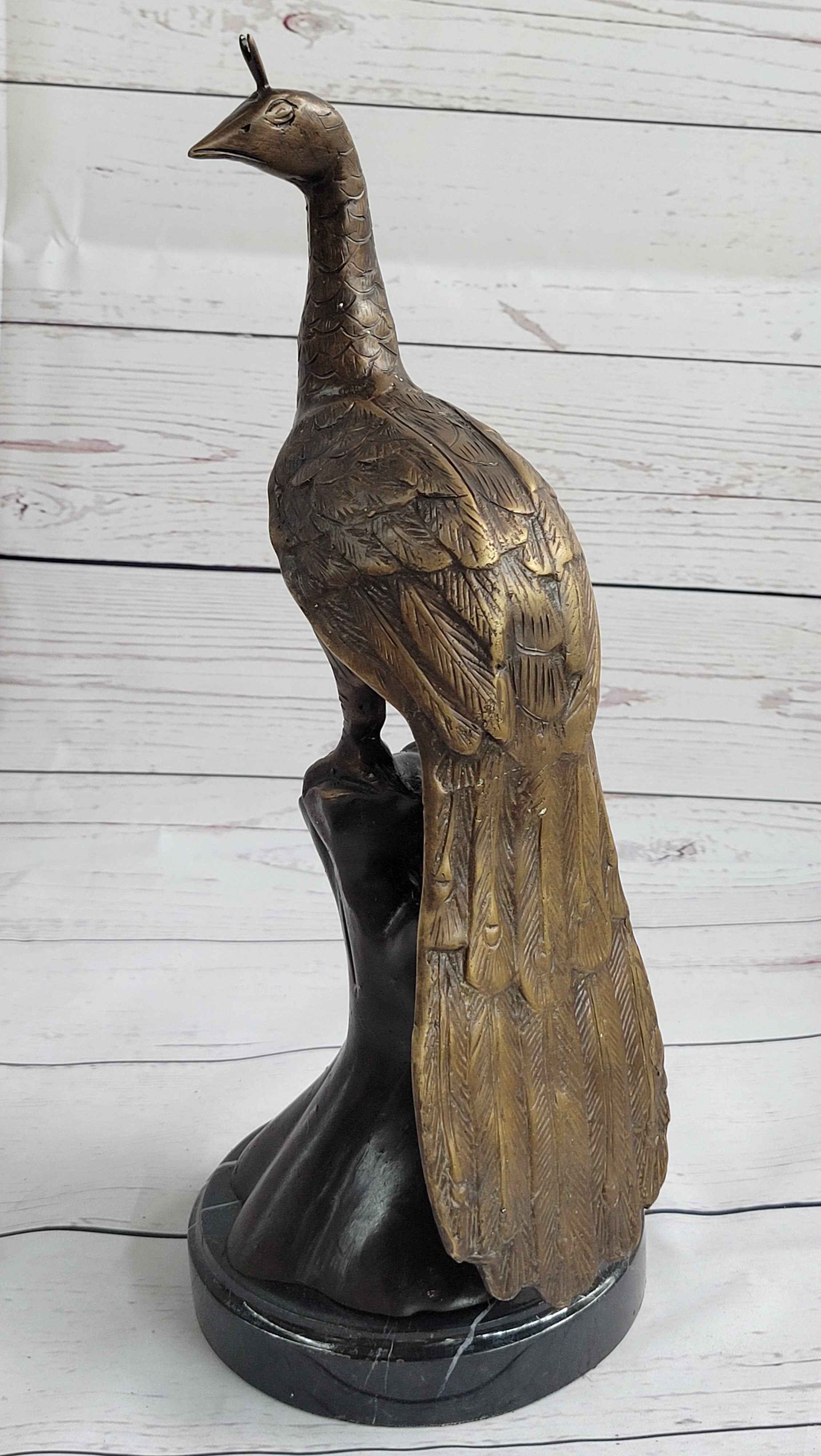 Signed Moigniez Peacock Bird Zoo Animal Wild Life Bronze Sculpture Art 14" x 8"