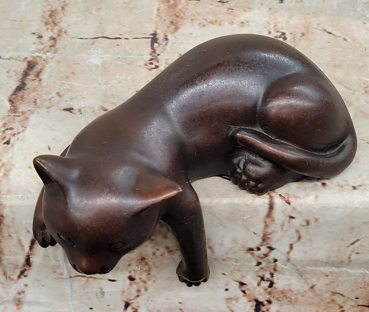 Lazy Cat Bronze Statue – Minimalist Sleeping Kitty Figurine Decor Signed Nardini