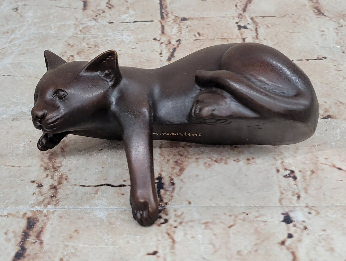 Lazy Cat Bronze Statue – Minimalist Sleeping Kitty Figurine Decor Signed Nardini