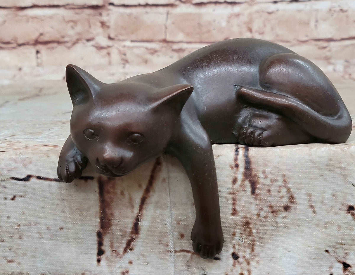 Lazy Cat Bronze Statue – Minimalist Sleeping Kitty Figurine Decor Signed Nardini