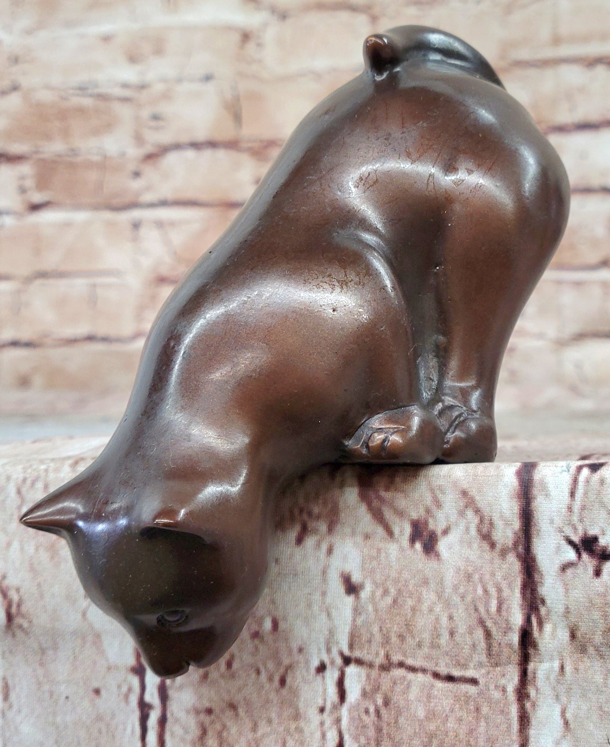 Cat Kitten Sitting on the Edge Bronze Figurine Sculpture Figure Collectible 3" x 6"