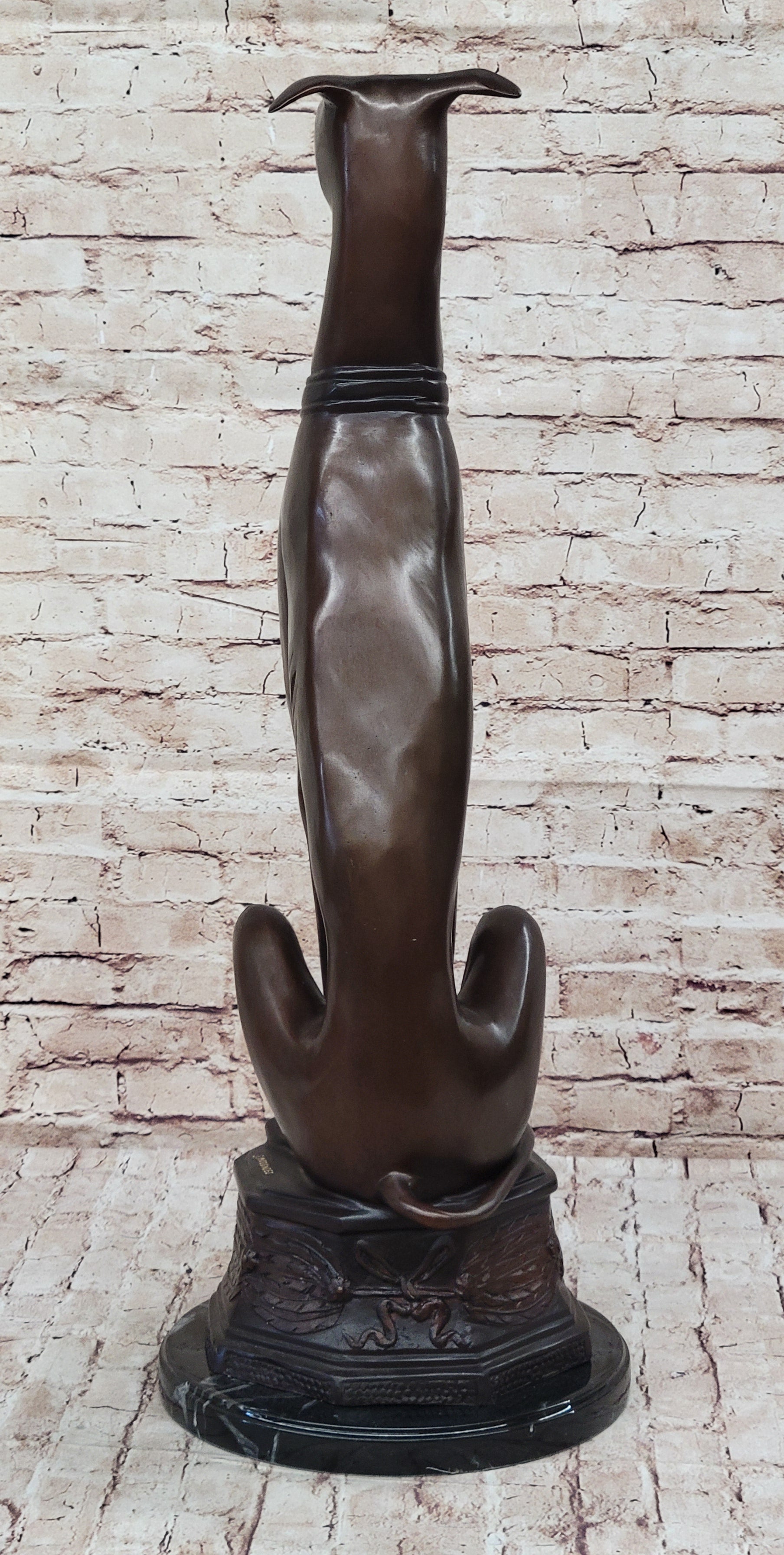 Art Deco Life Size Sitting Greyhound Dog Bronze Sculpture Marble Base Statue