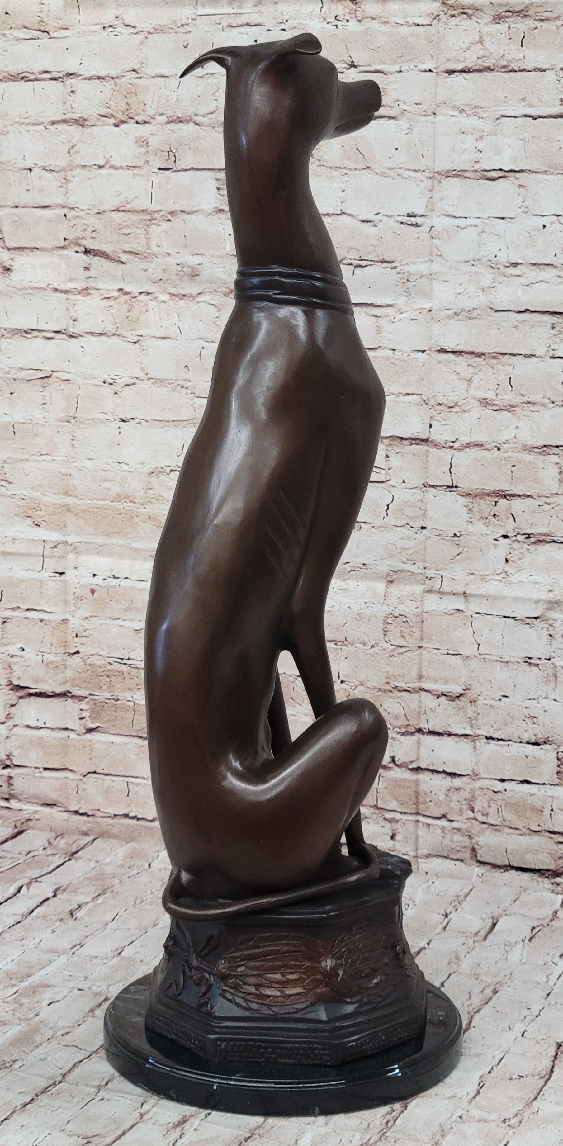 Art Deco Life Size Sitting Greyhound Dog Bronze Sculpture Marble Base Statue