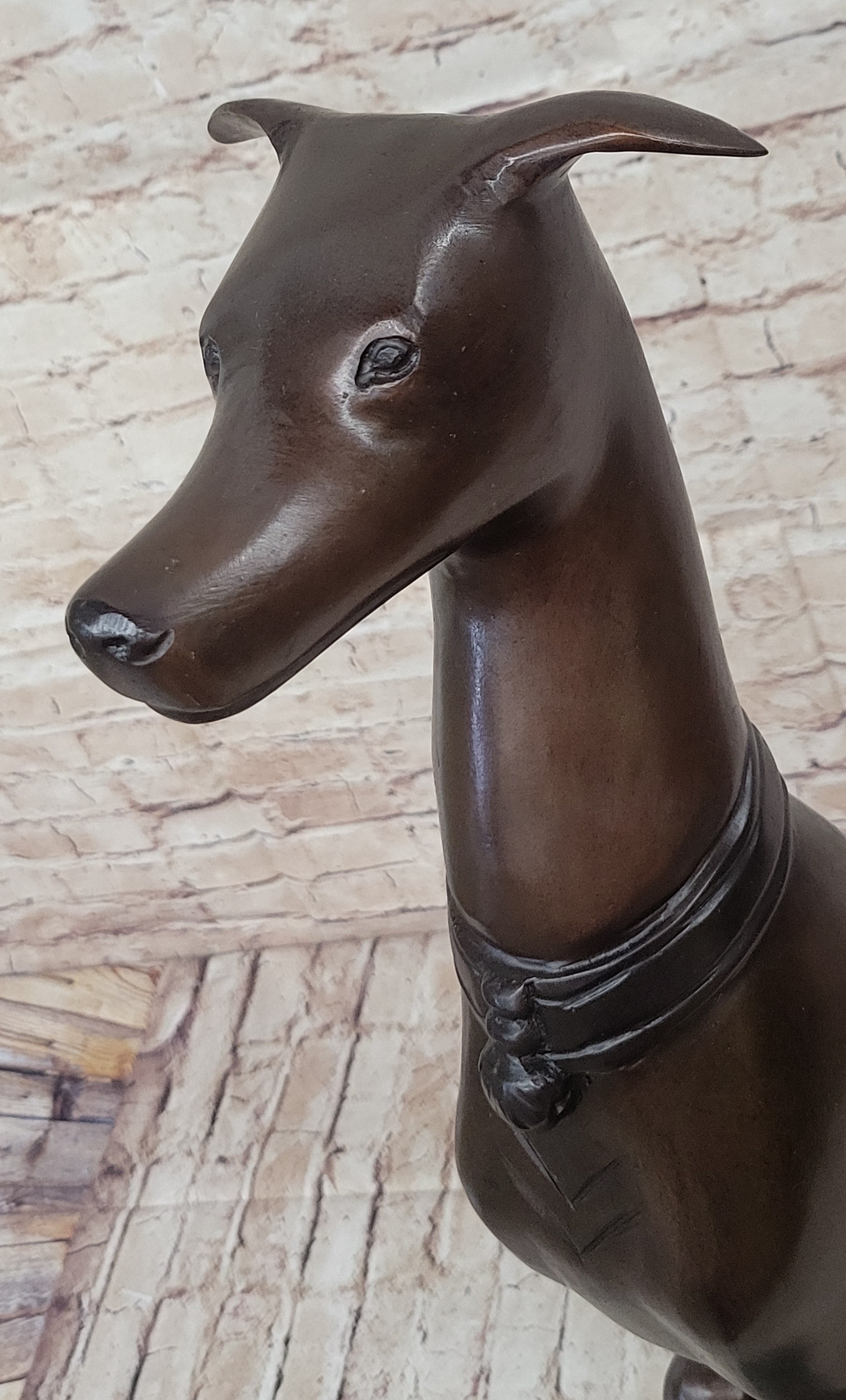 Art Deco Life Size Sitting Greyhound Dog Bronze Sculpture Marble Base Statue