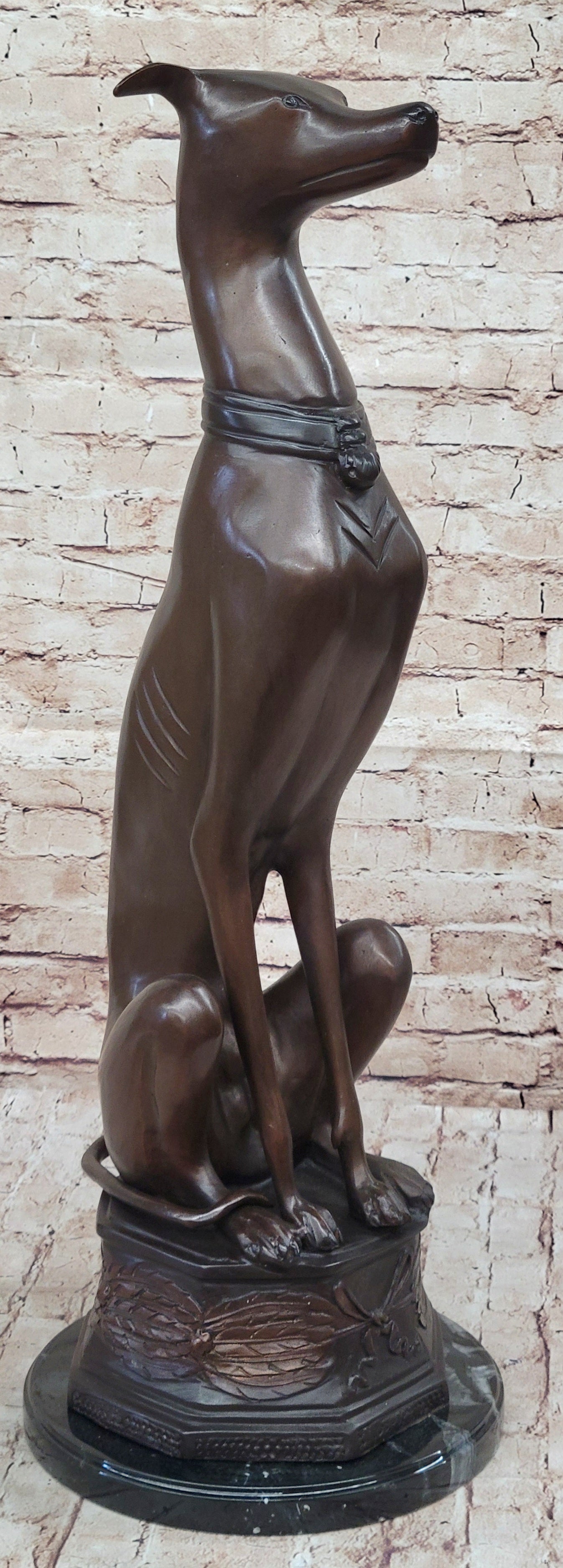 Art Deco Life Size Sitting Greyhound Dog Bronze Sculpture Marble Base Statue