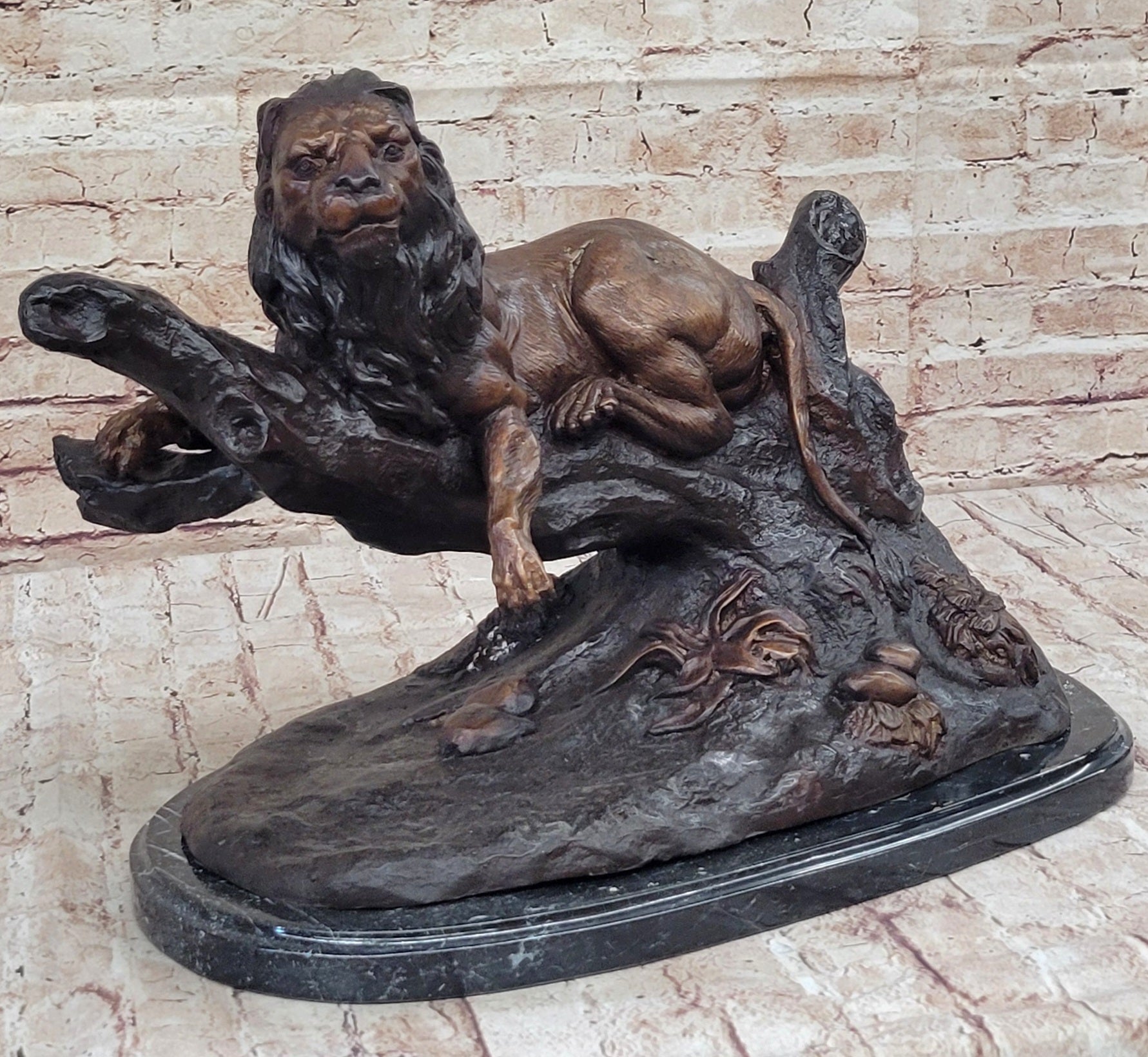 Lion Resting on a Branch - Bronze Sculpture Statue Wildlife Decor by J. Moigniez