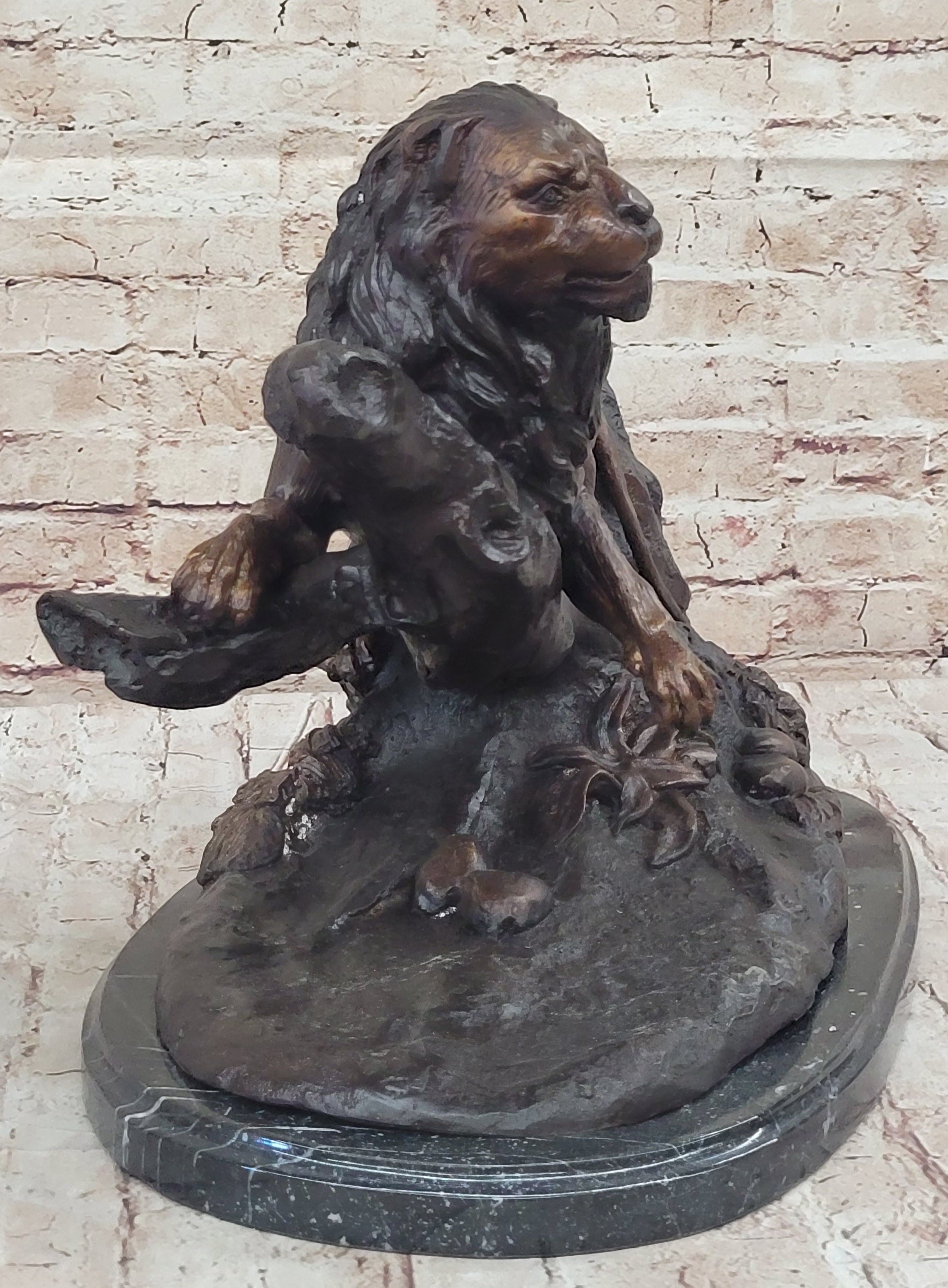 Lion Resting on a Branch - Bronze Sculpture Statue Wildlife Decor by J. Moigniez