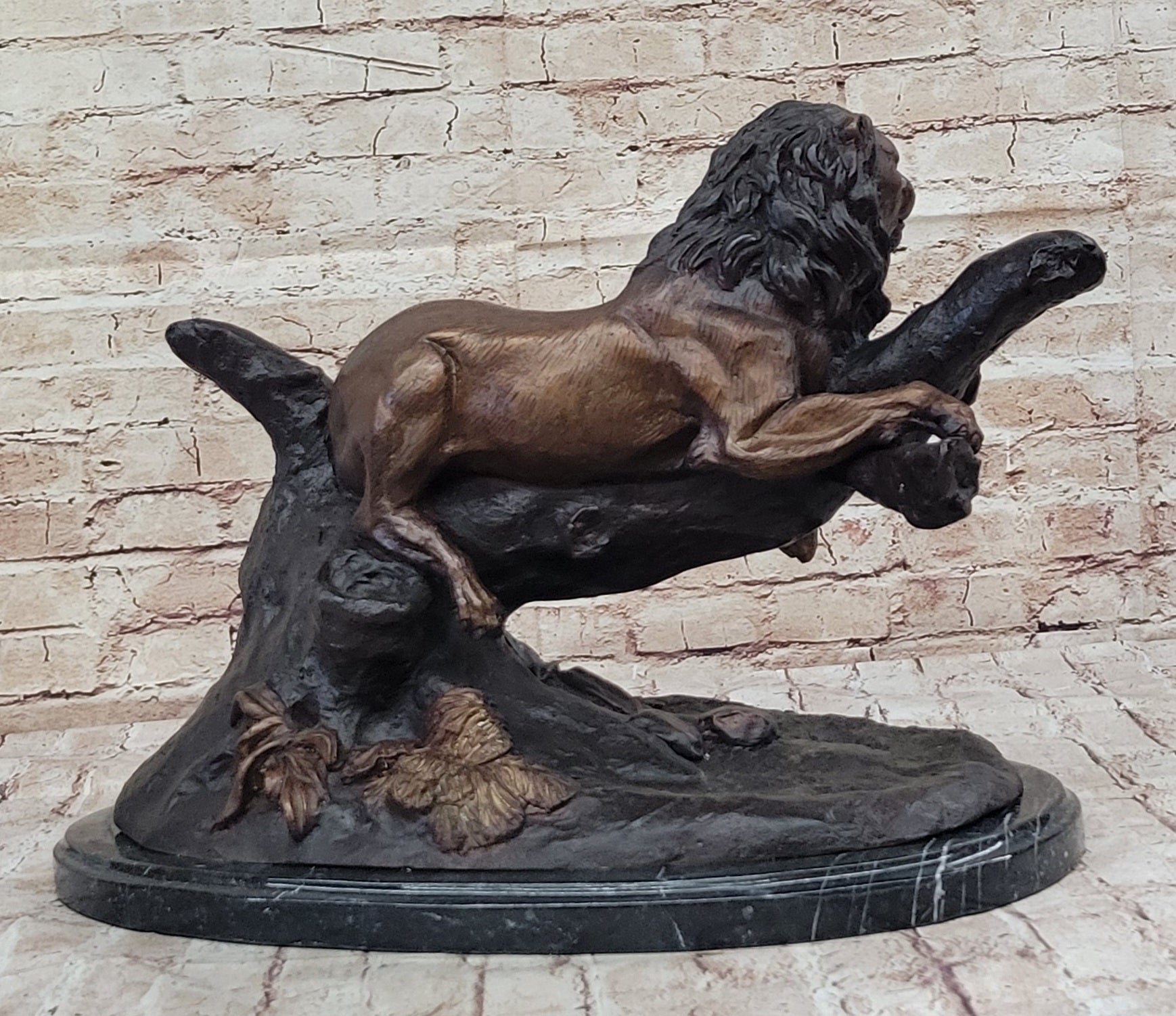 Lion Resting on a Branch - Bronze Sculpture Statue Wildlife Decor by J. Moigniez