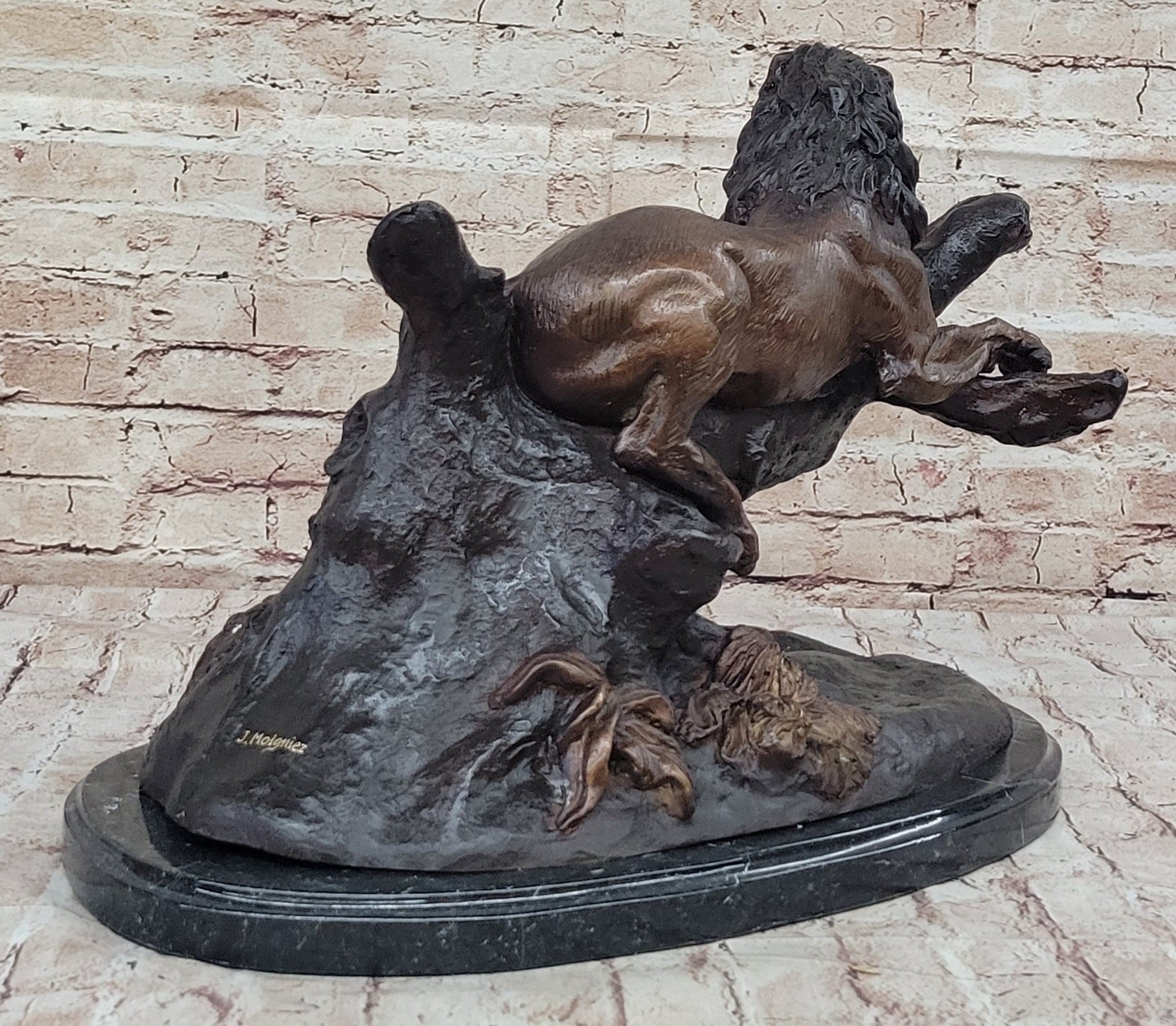 Lion Resting on a Branch - Bronze Sculpture Statue Wildlife Decor by J. Moigniez