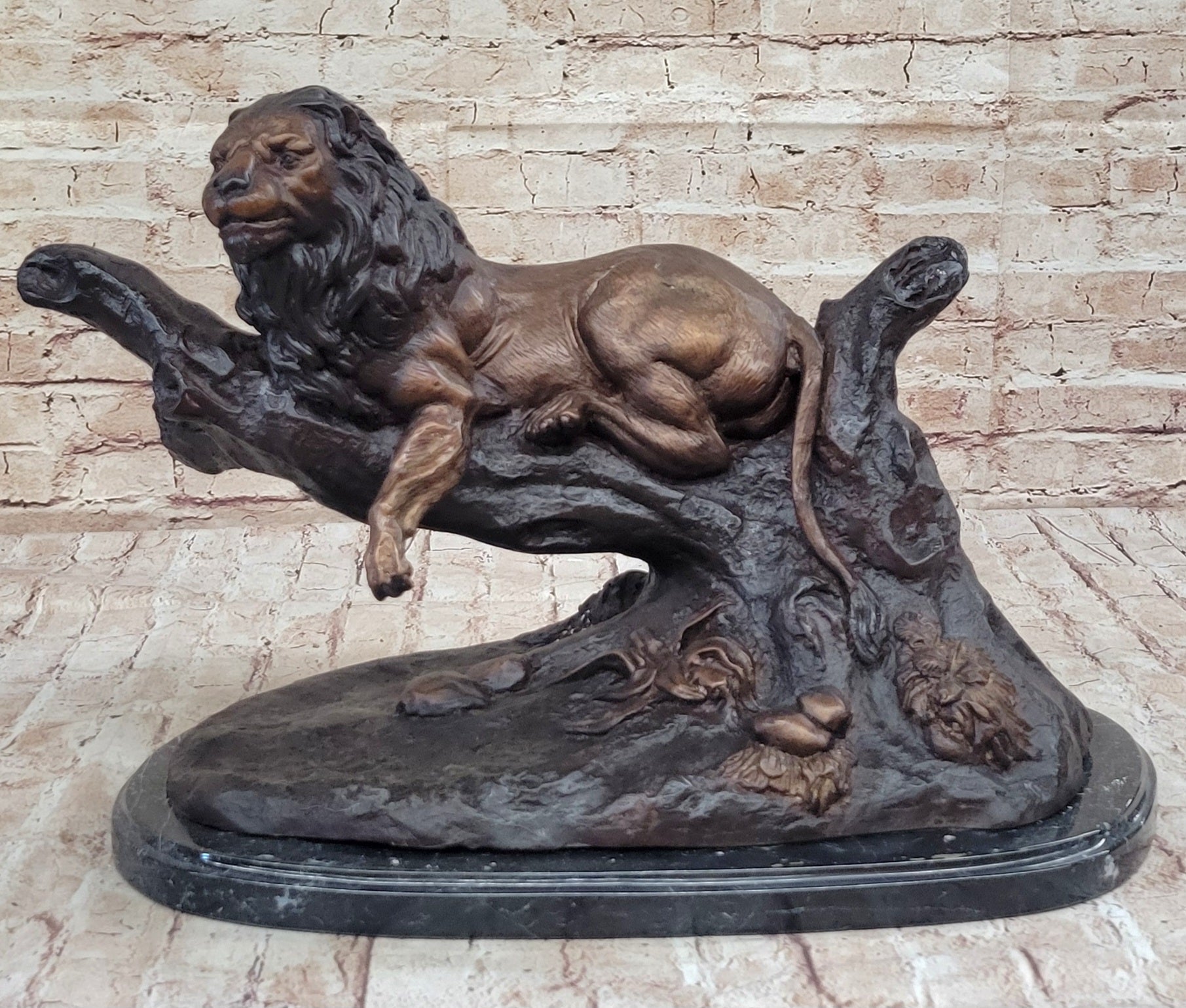 Lion Resting on a Branch - Bronze Sculpture Statue Wildlife Decor by J. Moigniez