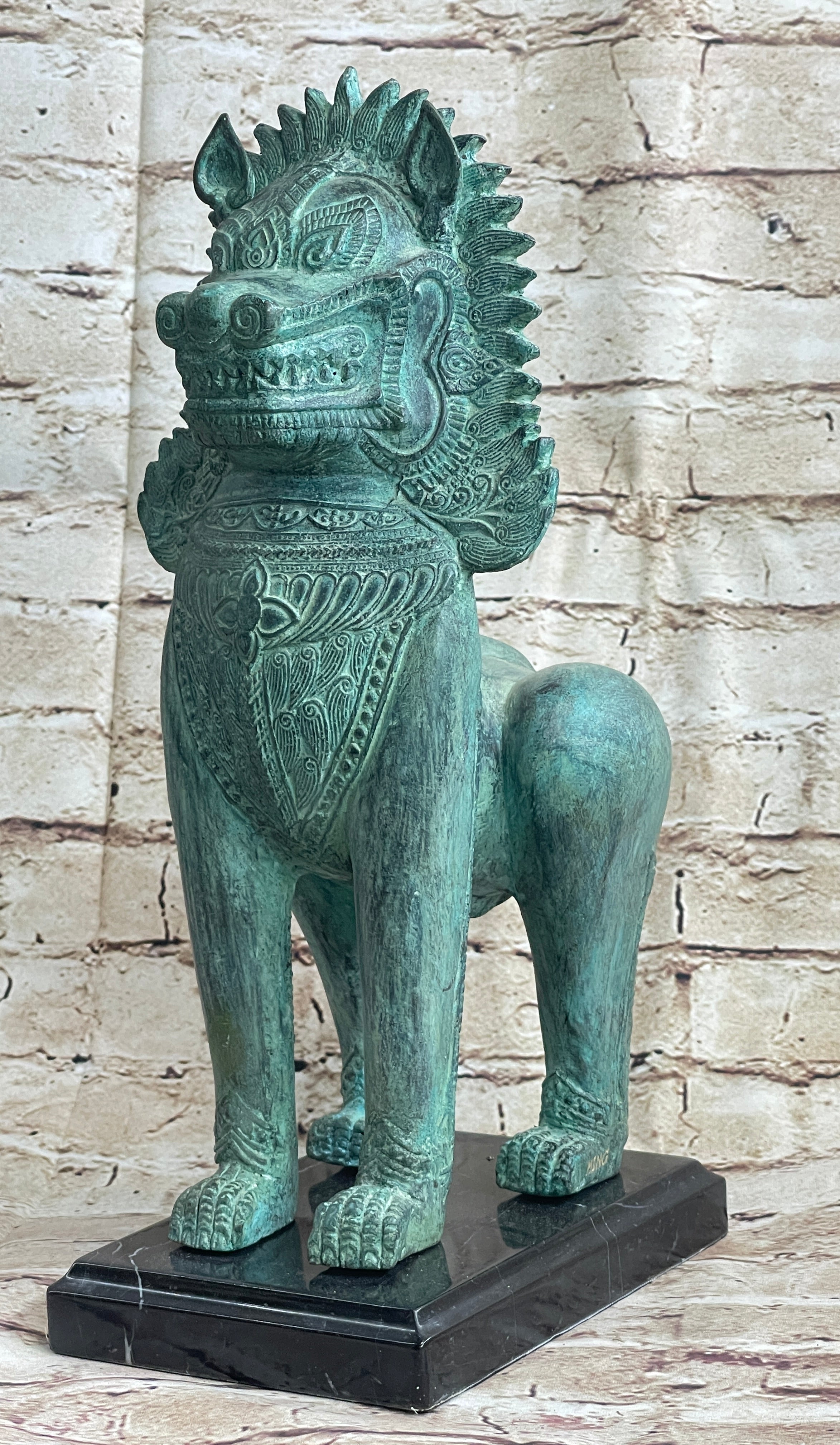 Chinese Foo Dog Guardian Lion Bronze Sculpture Statue Signed Handmade Art 13" x 6"