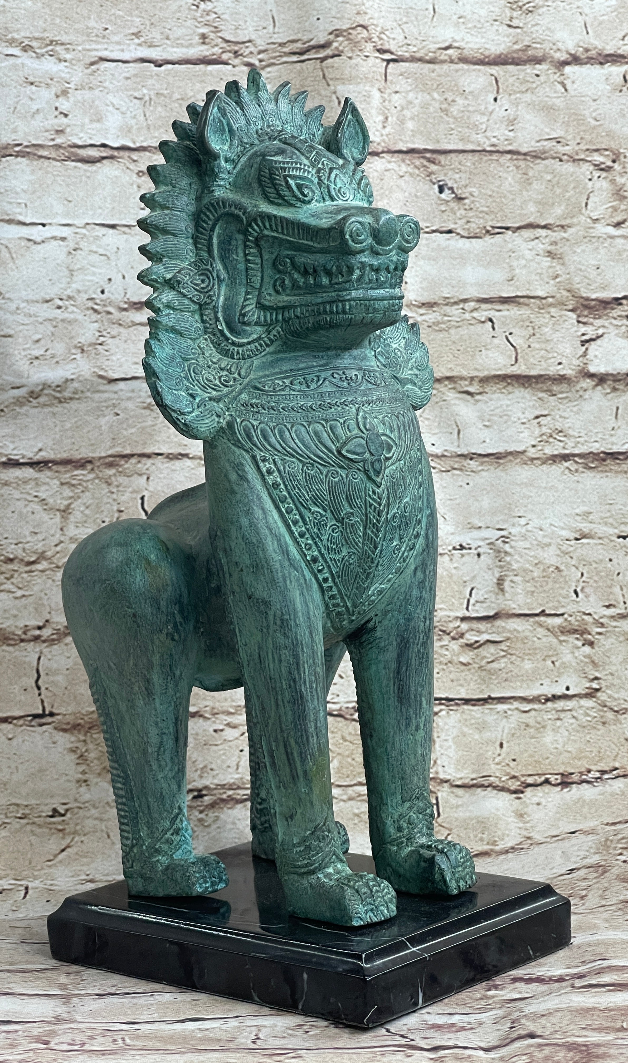 Chinese Foo Dog Guardian Lion Bronze Sculpture Statue Signed Handmade Art 13" x 6"