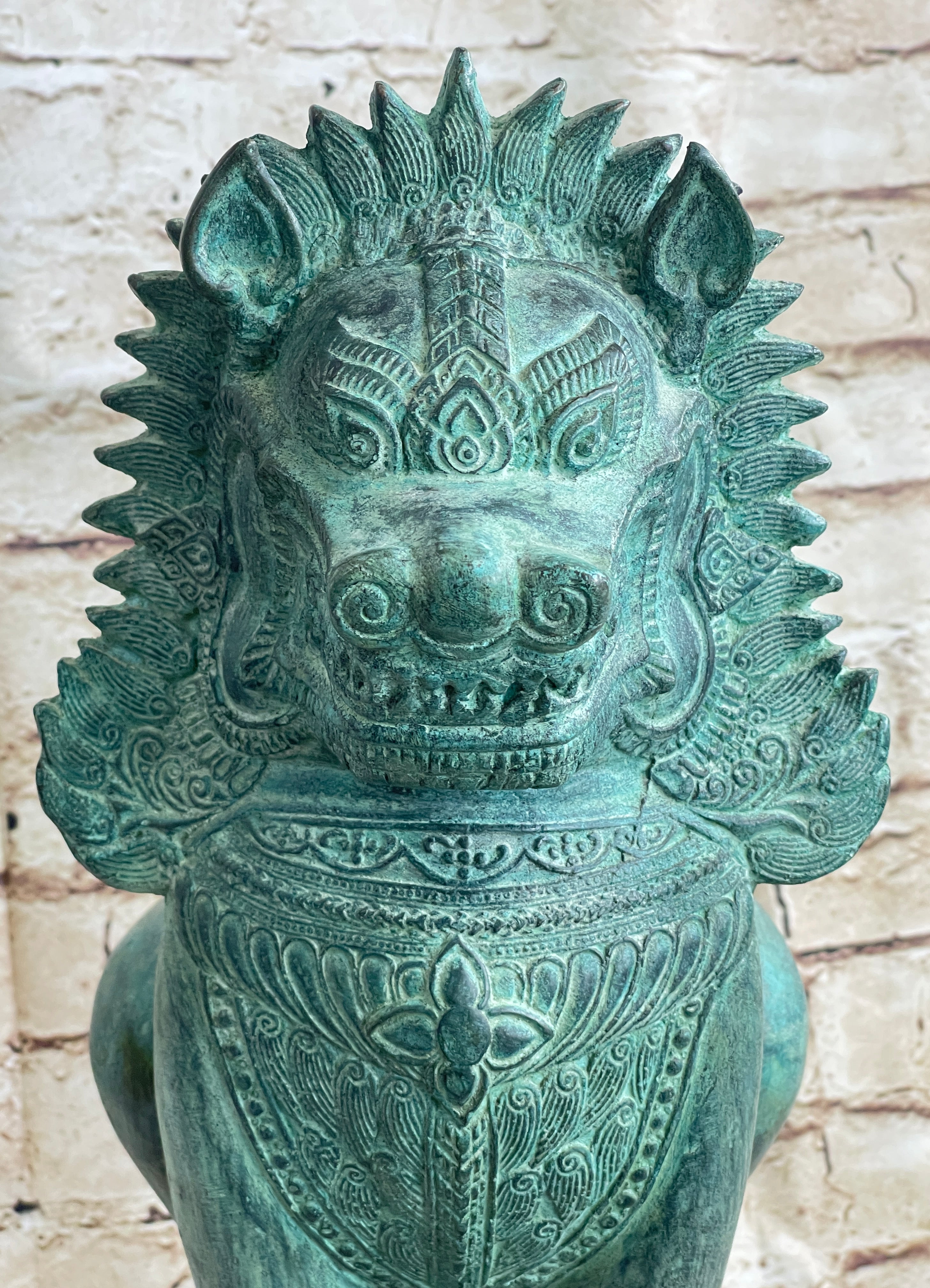 Chinese Foo Dog Guardian Lion Bronze Sculpture Statue Signed Handmade Art 13" x 6"