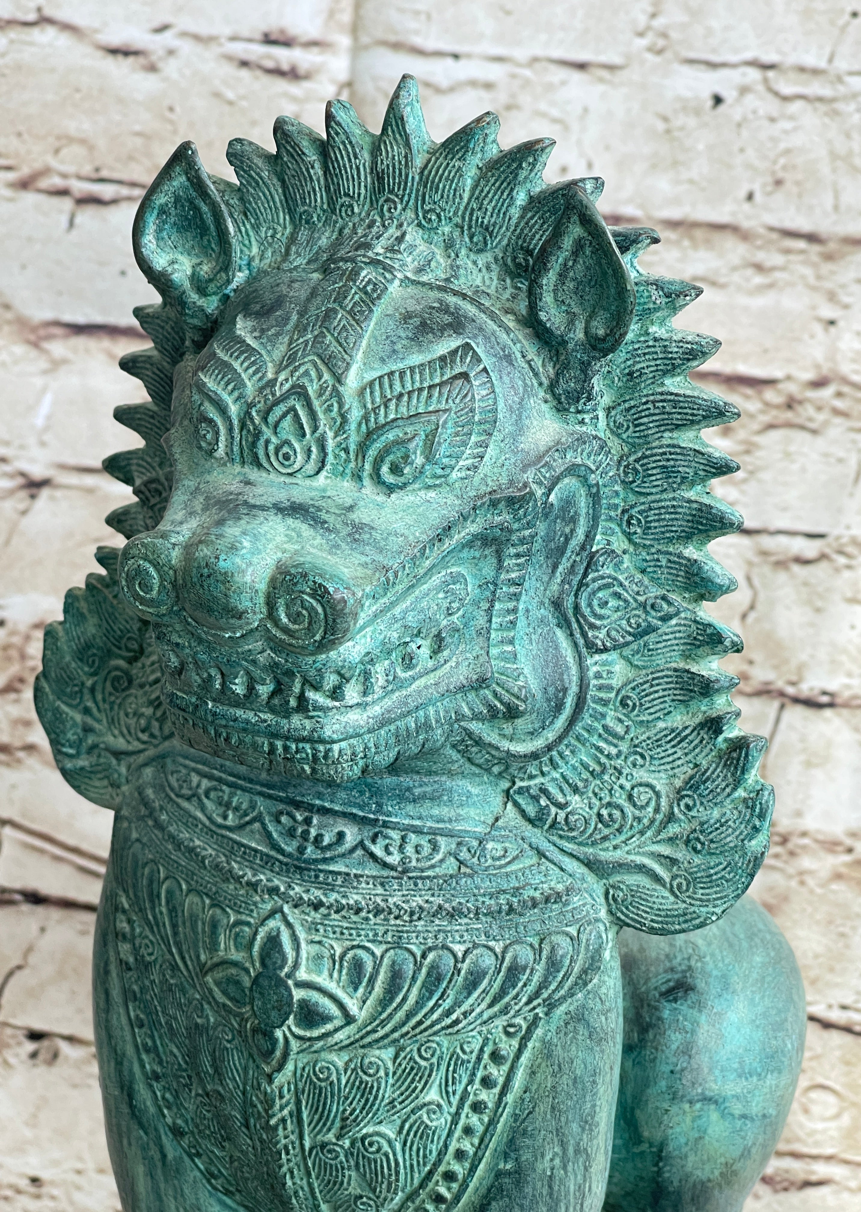 Chinese Foo Dog Guardian Lion Bronze Sculpture Statue Signed Handmade Art 13" x 6"