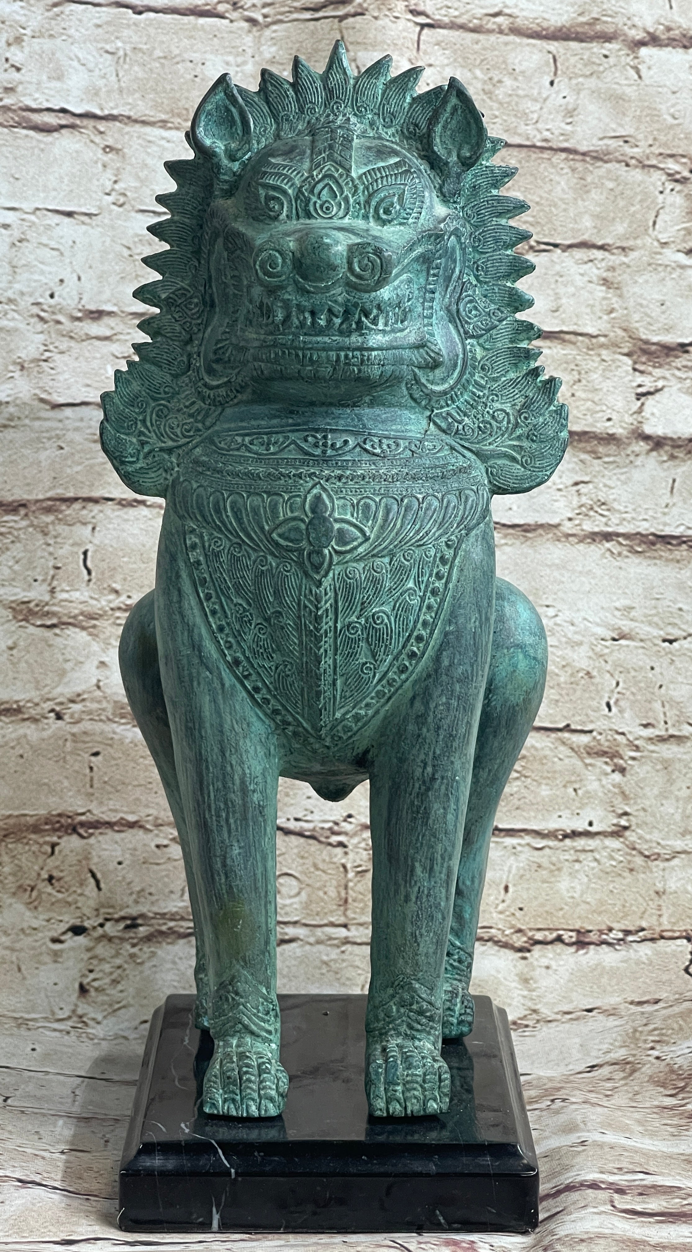 Chinese Foo Dog Guardian Lion Bronze Sculpture Statue Signed Handmade Art 13" x 6"