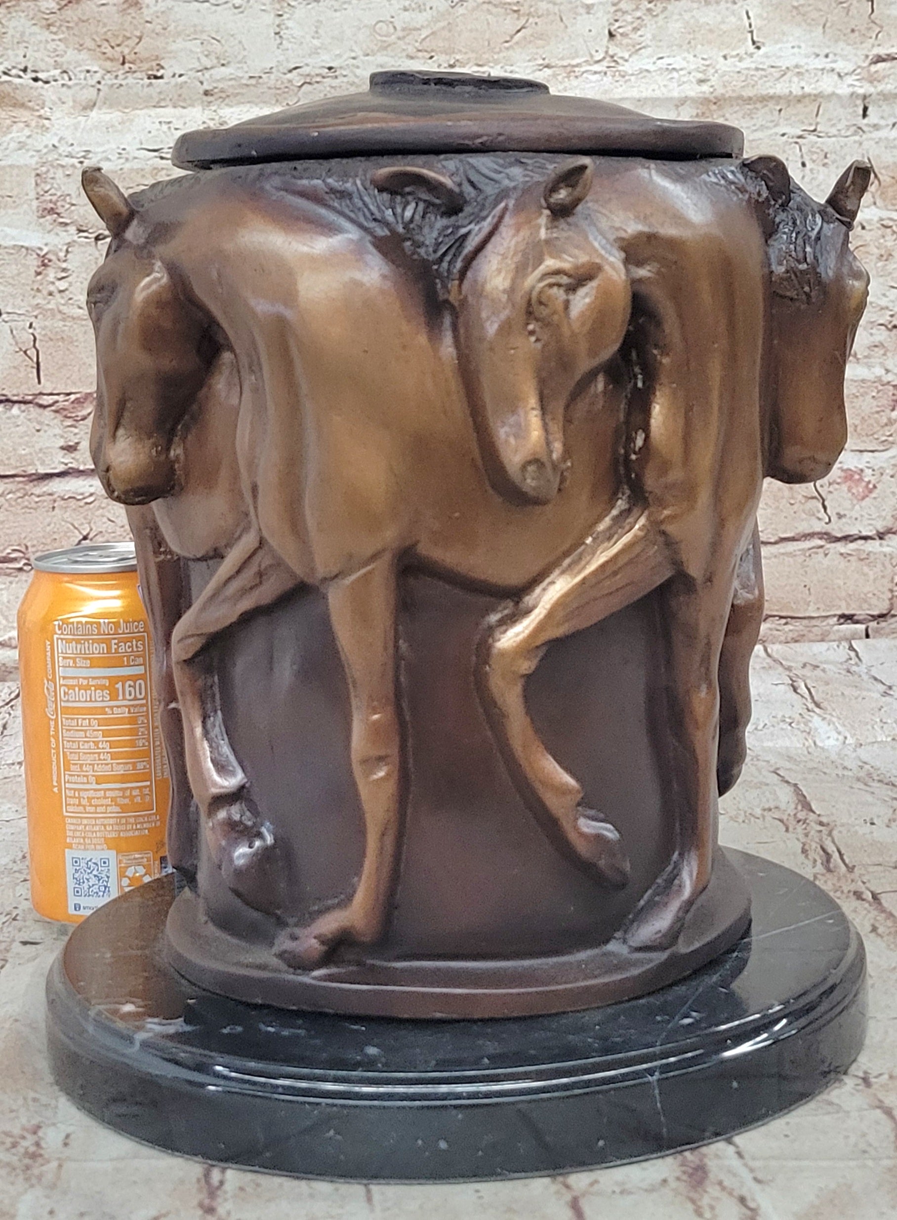 Bronze Horse Relief Sculpture Vase; Equestrian Art Urn with Horse Figures on Marble Base