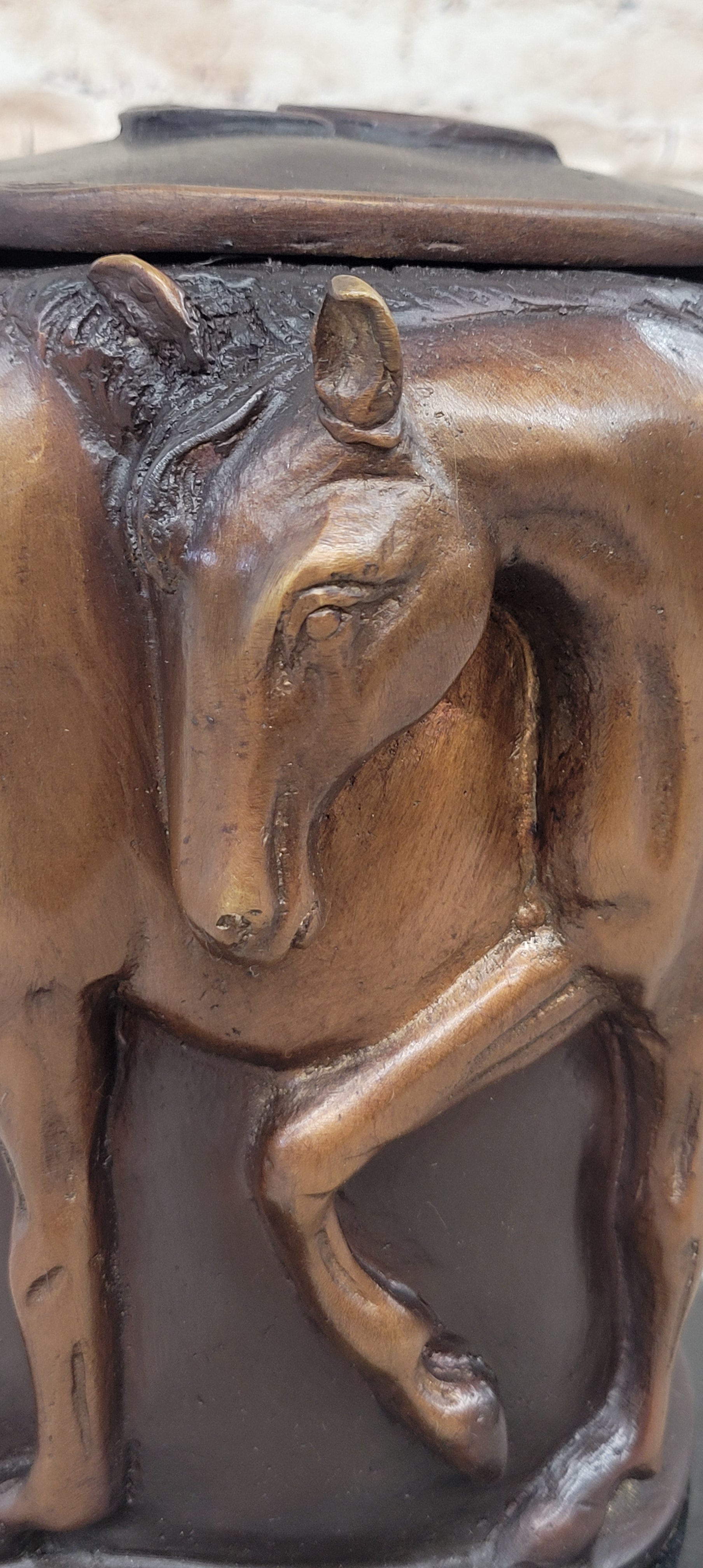 Bronze Horse Relief Sculpture Vase; Equestrian Art Urn with Horse Figures on Marble Base