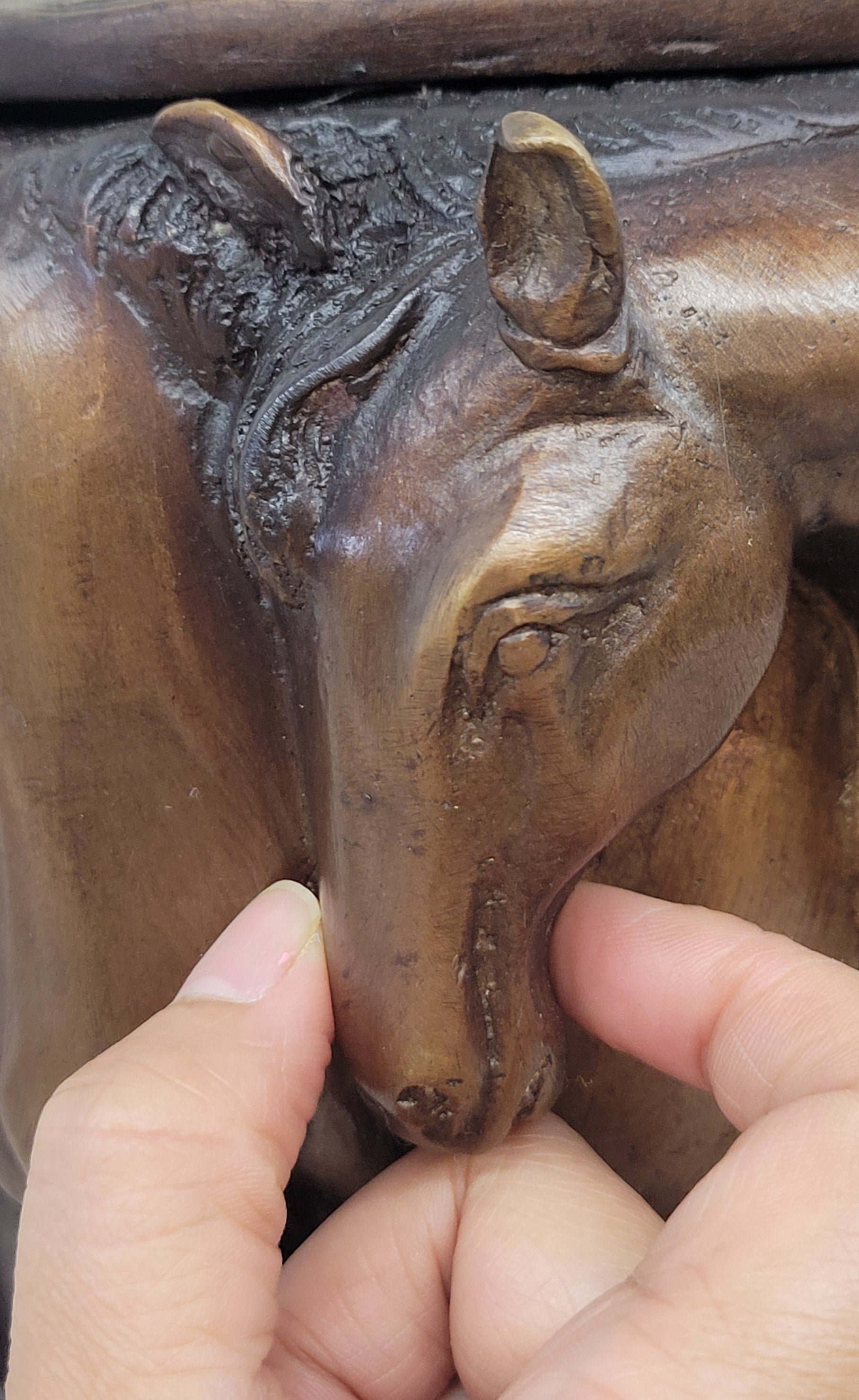 Bronze Horse Relief Sculpture Vase; Equestrian Art Urn with Horse Figures on Marble Base