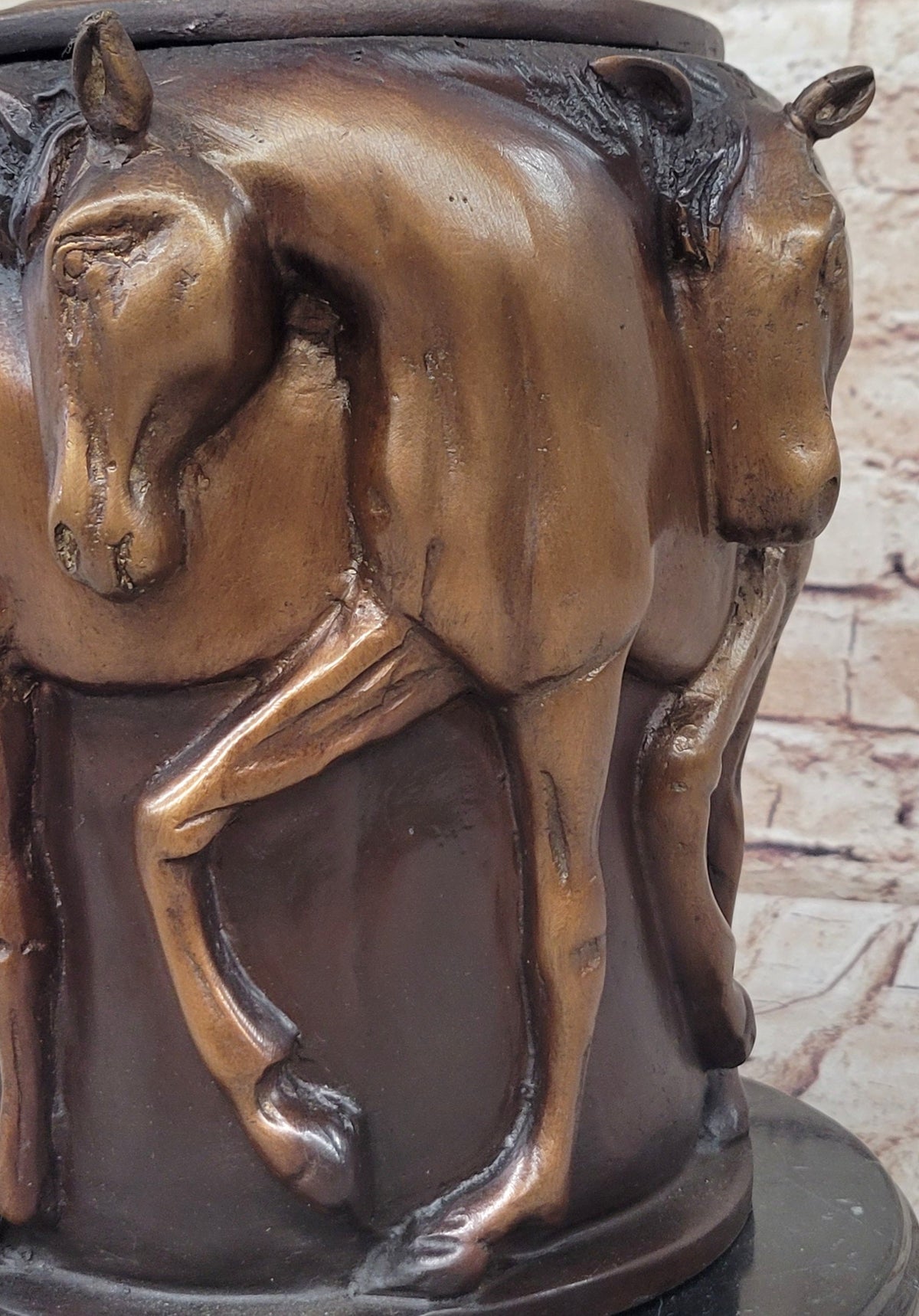 Bronze Horse Relief Sculpture Vase; Equestrian Art Urn with Horse Figures on Marble Base