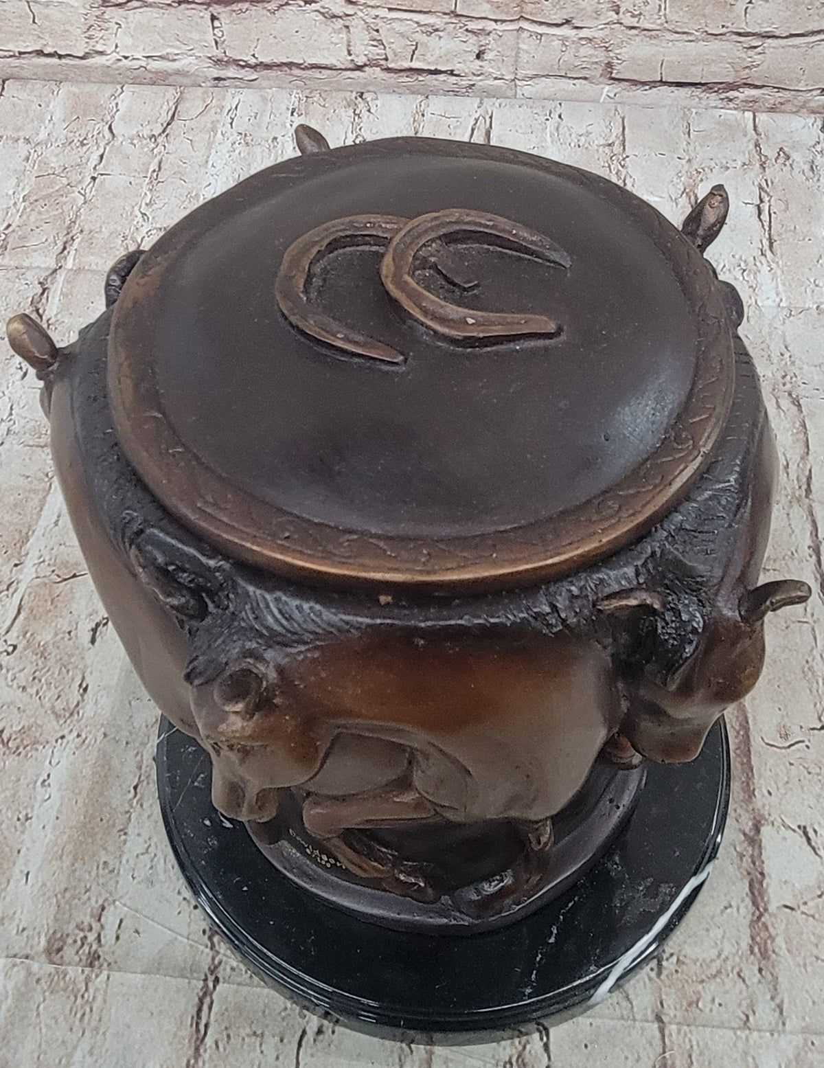 Bronze Horse Relief Sculpture Vase; Equestrian Art Urn with Horse Figures on Marble Base