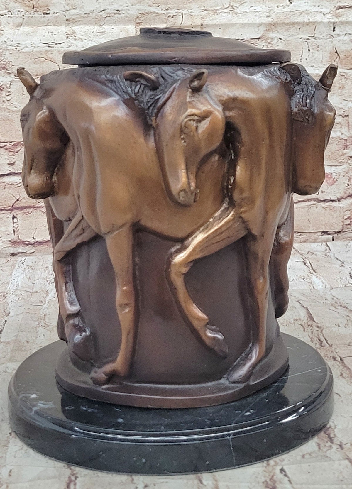 Bronze Horse Relief Sculpture Vase; Equestrian Art Urn with Horse Figures on Marble Base
