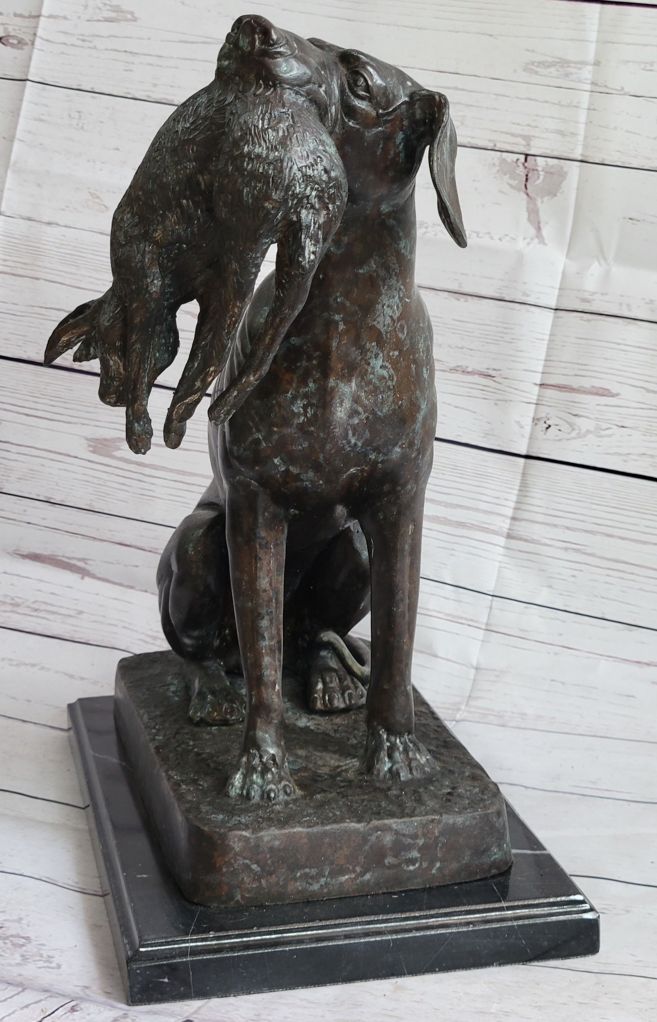 Hunting Dog Retriever w/ Rabbit in Mouth Bronze Statue Sculpture Figure 16" x 16"