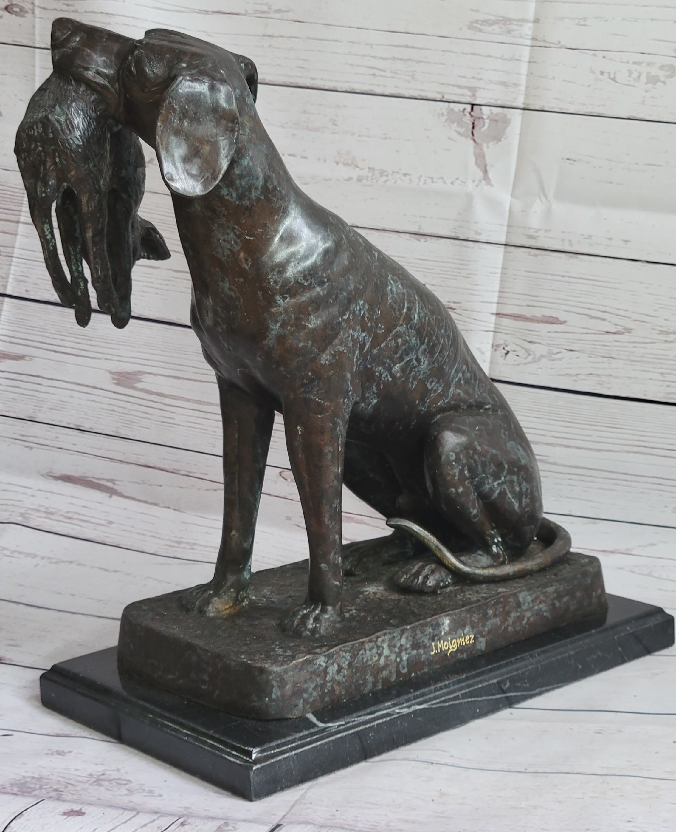 Hunting Dog Retriever w/ Rabbit in Mouth Bronze Statue Sculpture Figure 16" x 16"