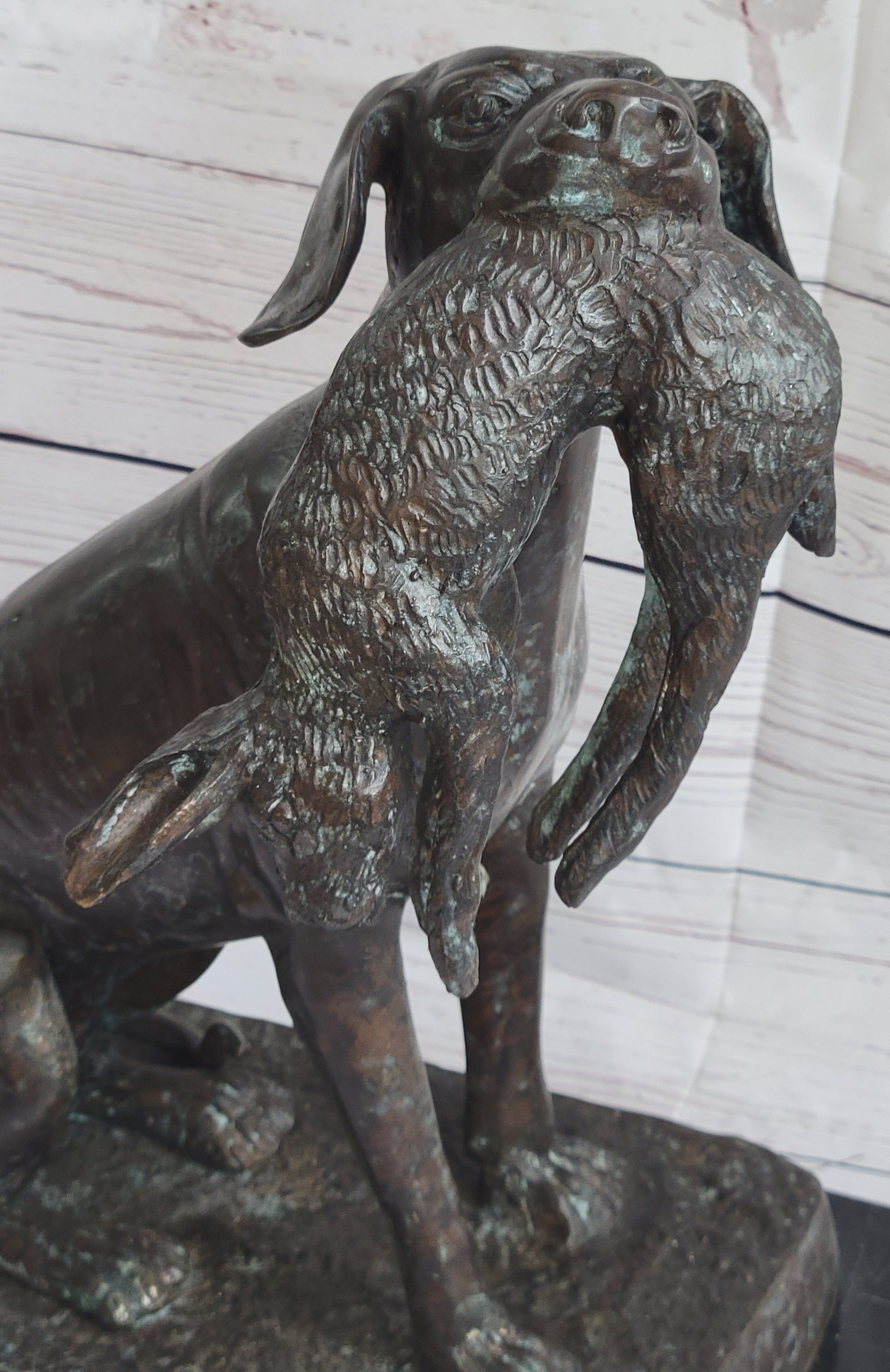 Hunting Dog Retriever w/ Rabbit in Mouth Bronze Statue Sculpture Figure 16" x 16"