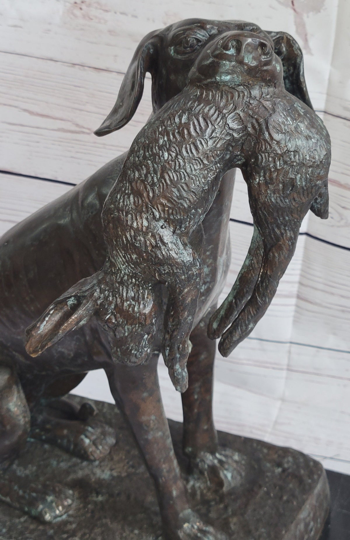 Hunting Dog Retriever w/ Rabbit in Mouth Bronze Statue Sculpture Figure 16" x 16"