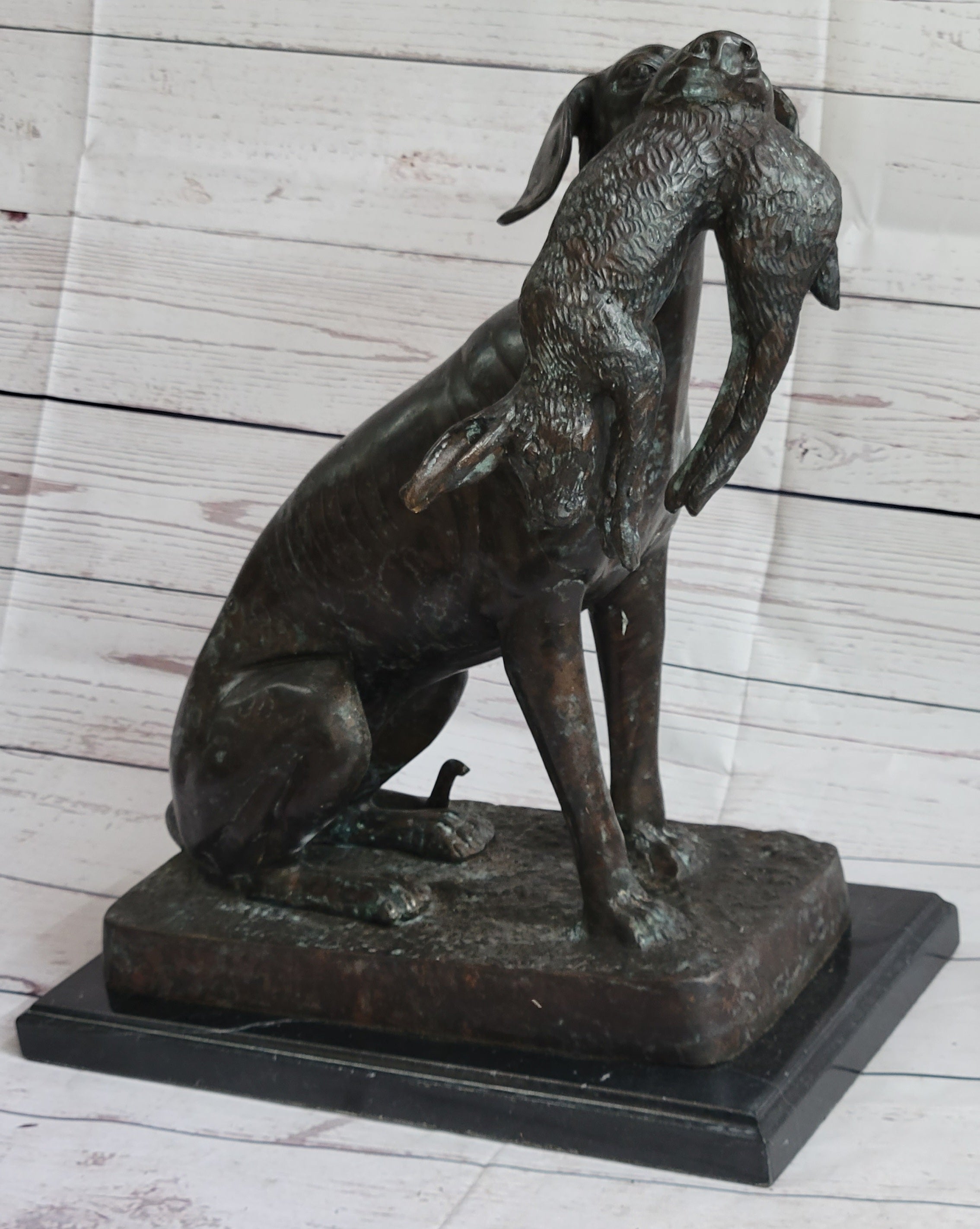 Hunting Dog Retriever w/ Rabbit in Mouth Bronze Statue Sculpture Figure 16" x 16"
