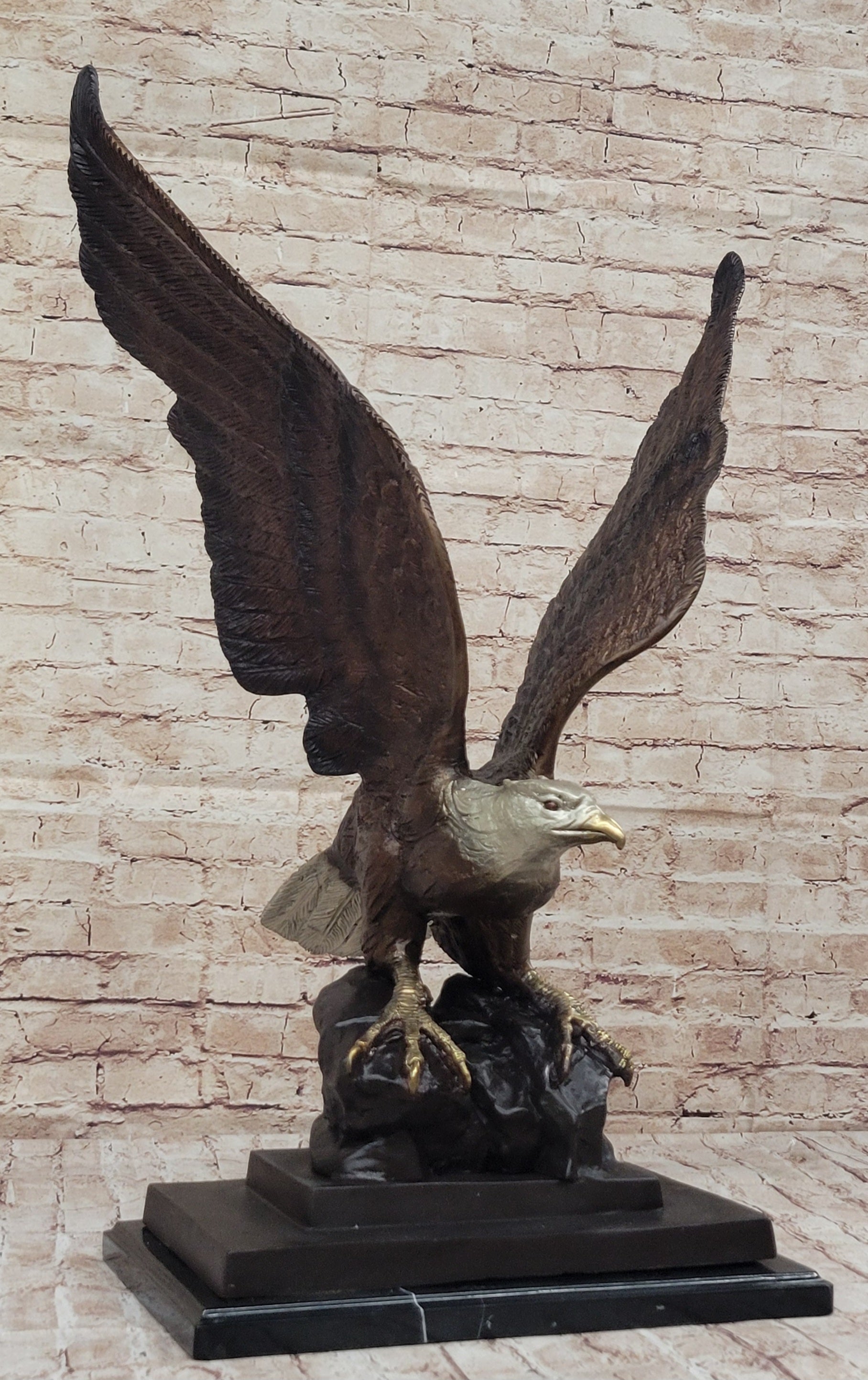 American Bald Eagle Perched on Rock - Bronze Metal Sculpture by J. Moigniez