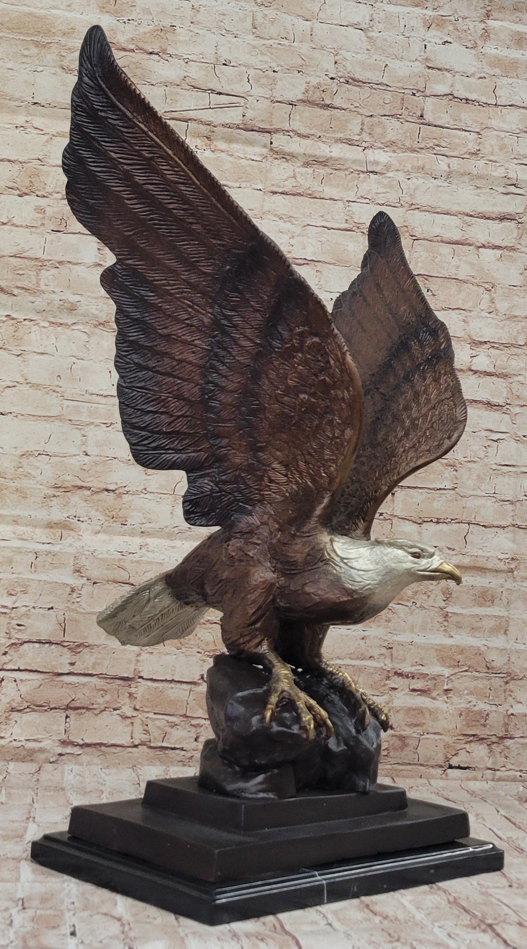 American Bald Eagle Perched on Rock - Bronze Metal Sculpture by J. Moigniez