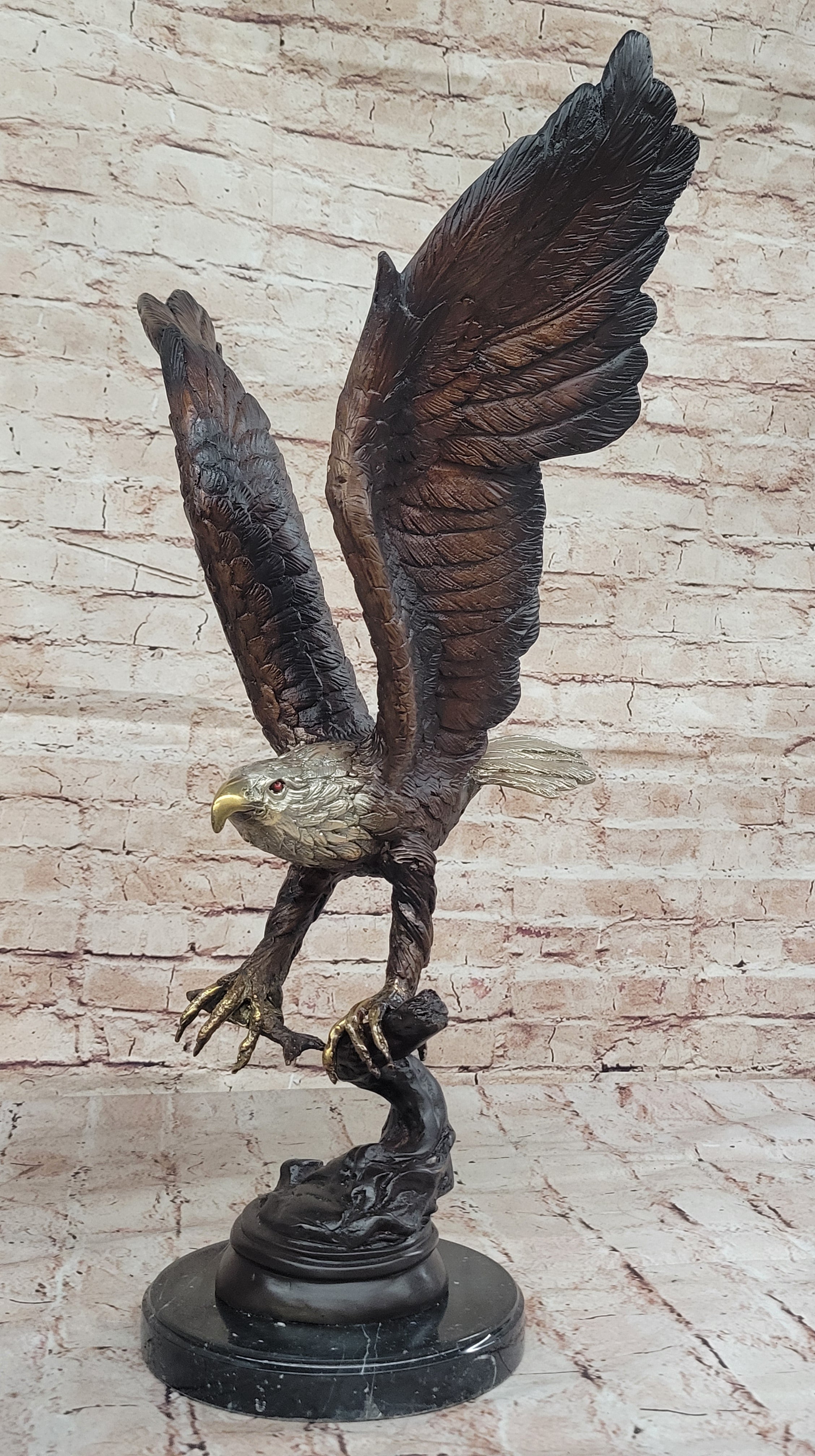 Signed Moigniez Eagle Catch Fish Bronze Sculpture Multi Color Patina Figurine 24" x 13"