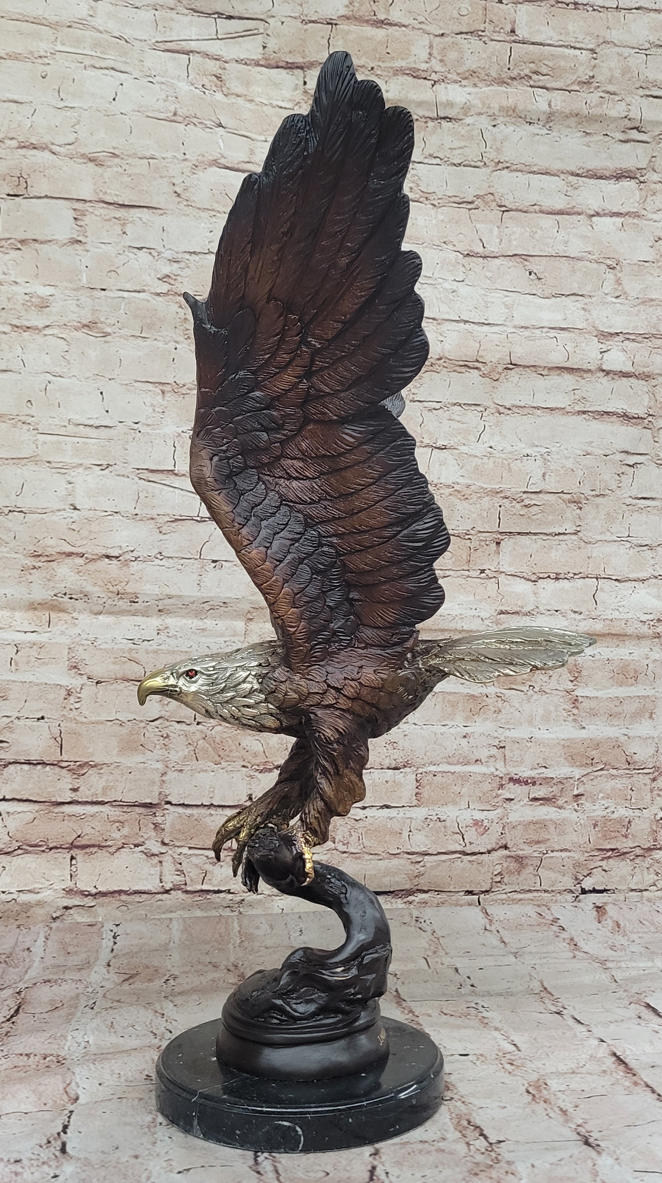 Signed Moigniez Eagle Catch Fish Bronze Sculpture Multi Color Patina Figurine 24" x 13"