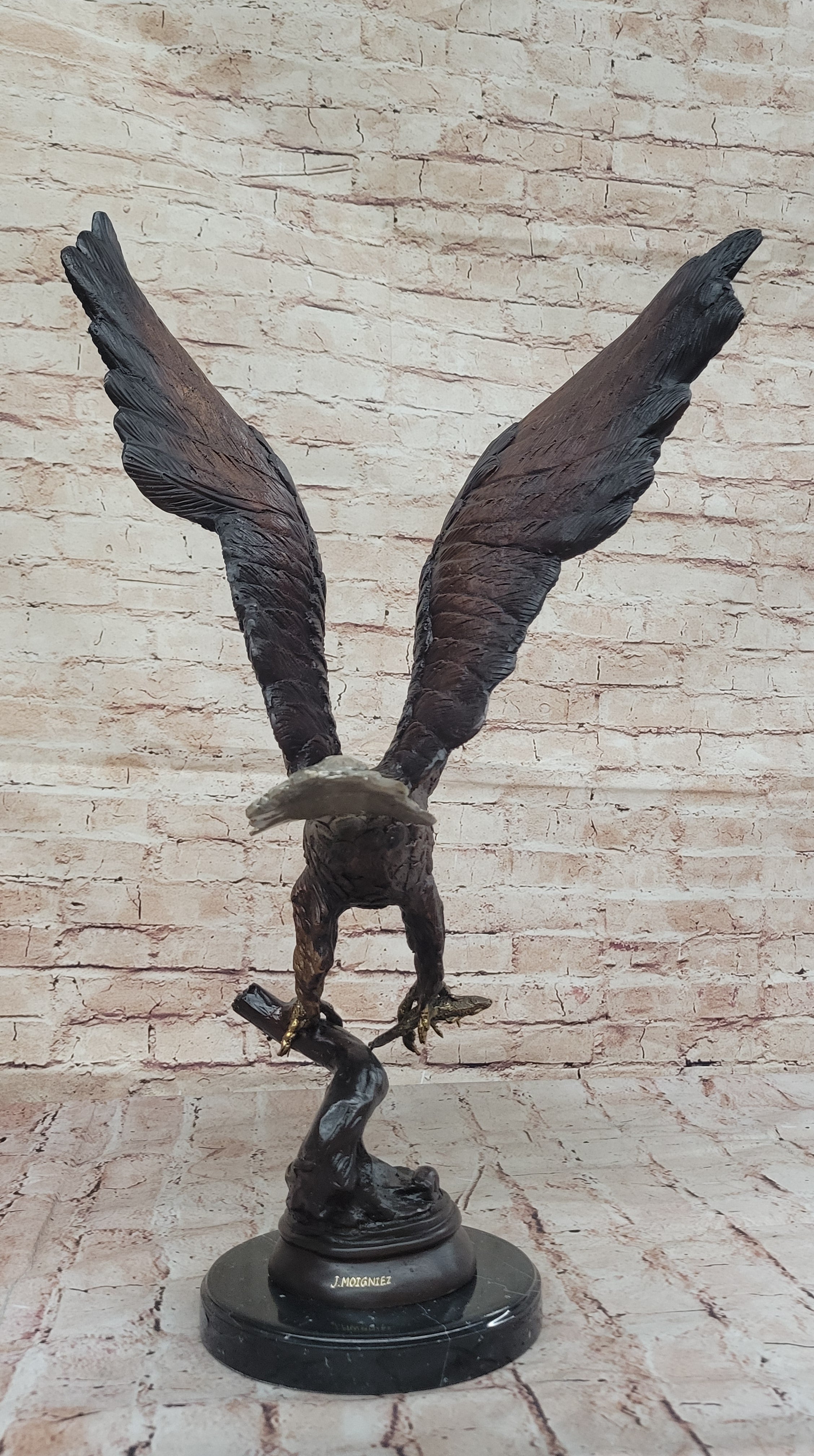 Signed Moigniez Eagle Catch Fish Bronze Sculpture Multi Color Patina Figurine 24" x 13"