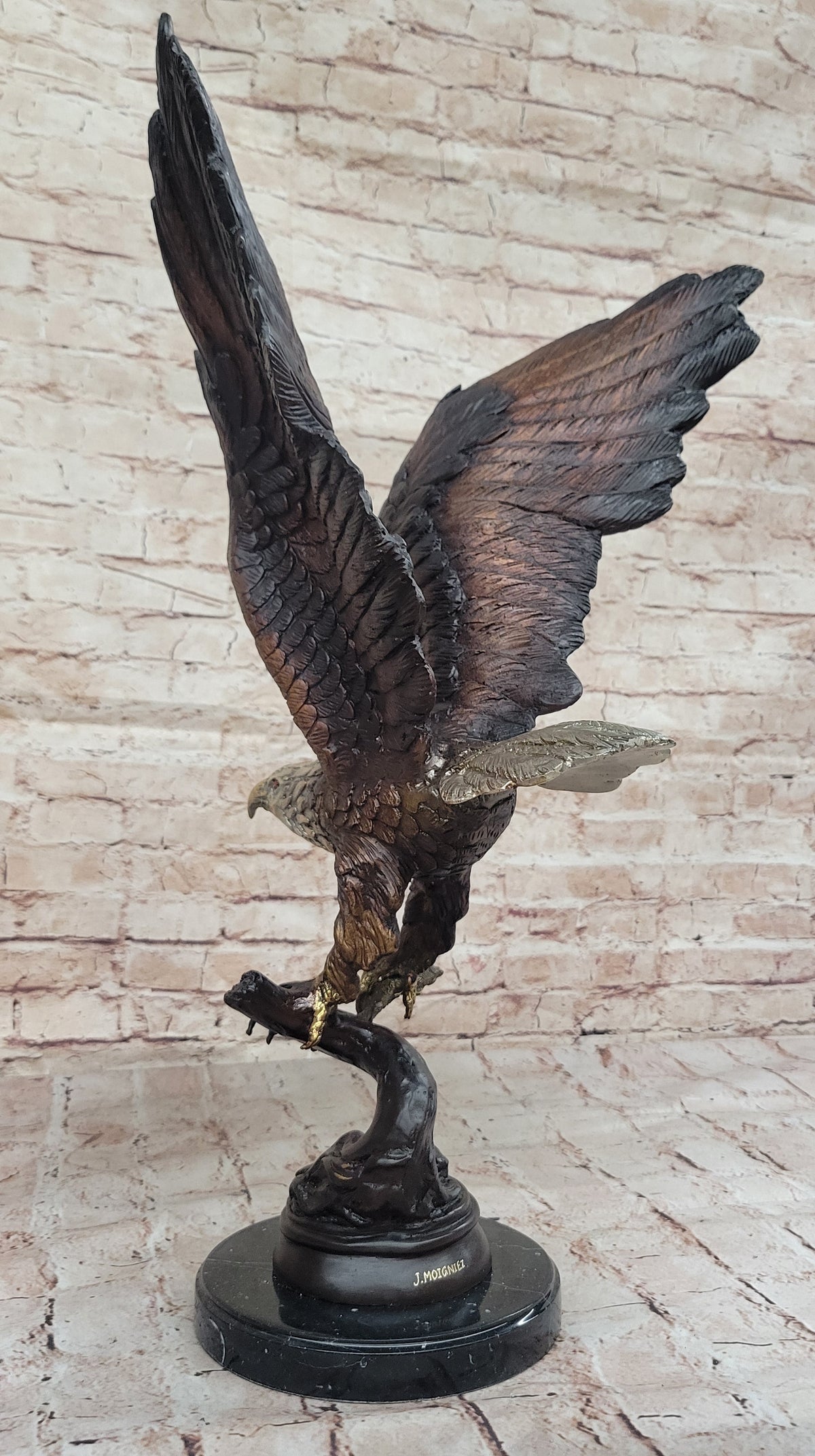 Signed Moigniez Eagle Catch Fish Bronze Sculpture Multi Color Patina Figurine 24" x 13"