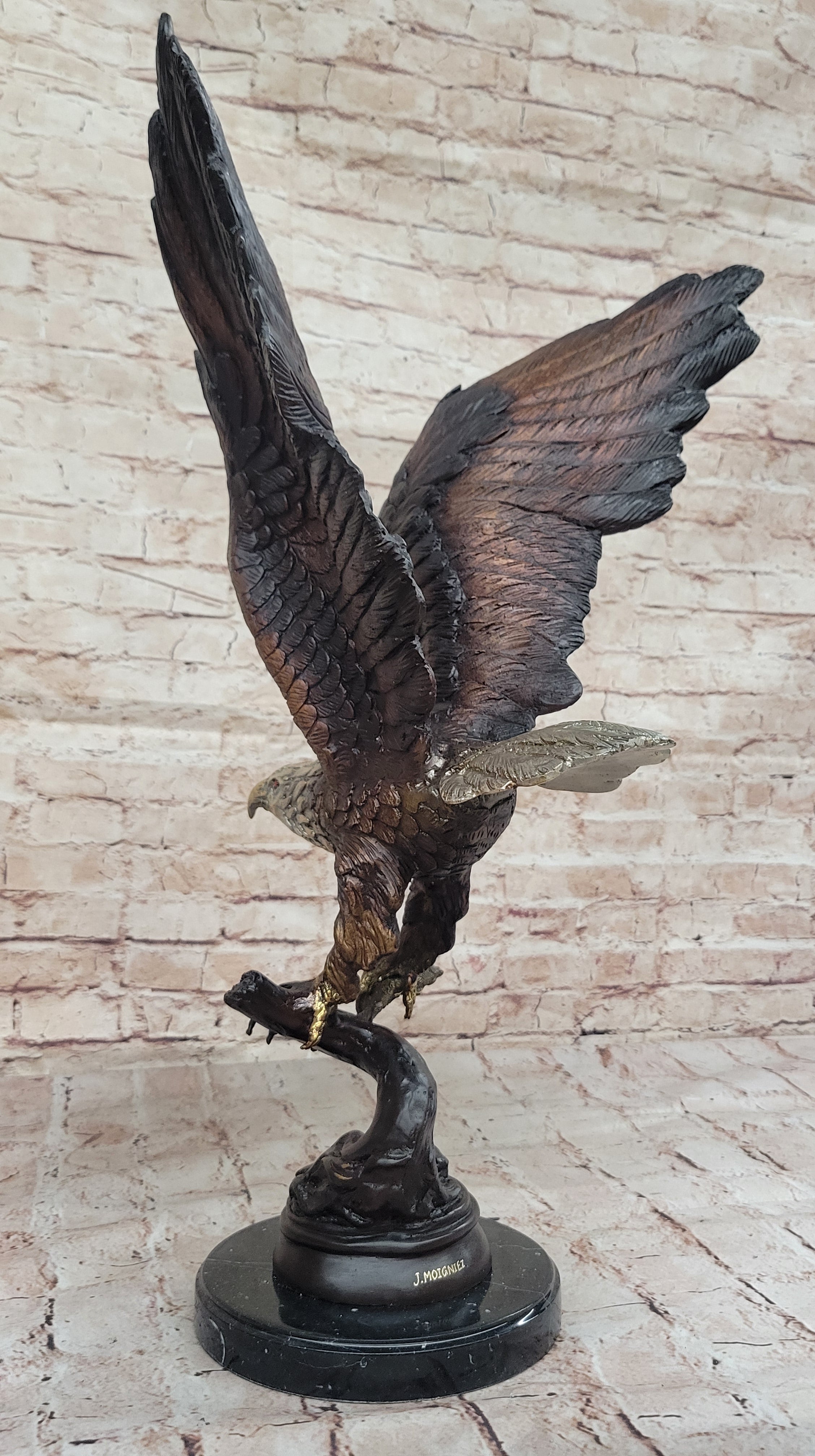 Signed Moigniez Eagle Catch Fish Bronze Sculpture Multi Color Patina Figurine 24" x 13"